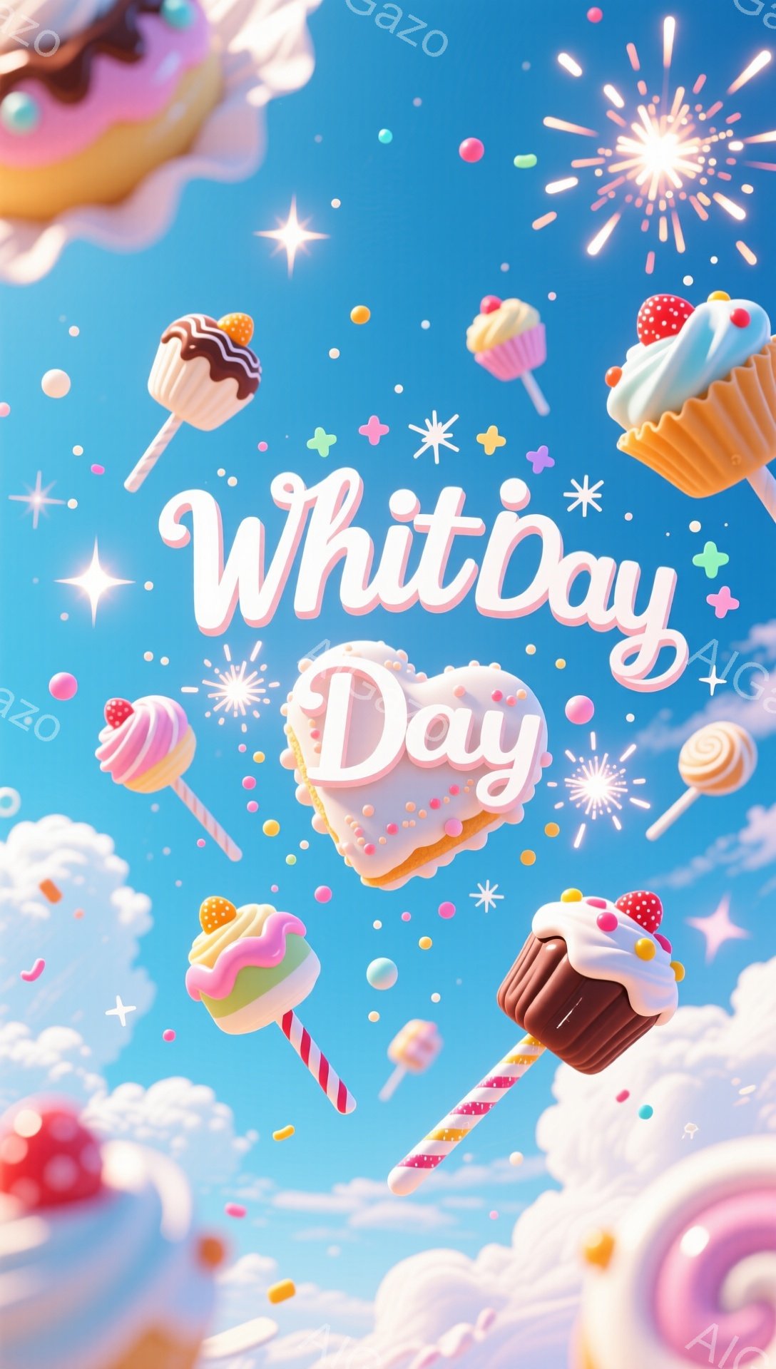 明るい青空を背景に、カラフルなキャンディやケーキが浮かび上がっています。これらのスイーツは様々な色とりどりのデザインで、まるで夢のような空間を作り出しており、全体的に甘くて可愛らしい雰囲気が漂っています。星やキラキラしたエフェクトが加わり、お祝いムードが高まっています。