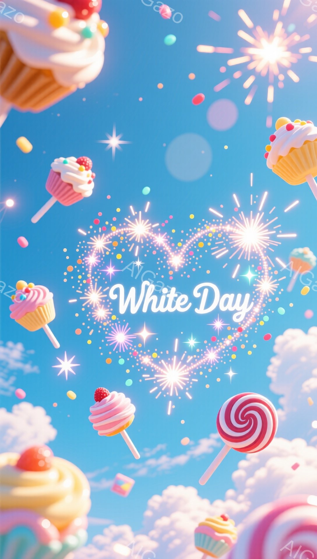 空は明るい水色で、ふわふわした雲が漂っています。キャンディ、カップケーキ、宝石のようなカラフルなスイーツが空中に散りばめられ、きらめく光と花火のようなエフェクトで飾られています。「White Day」という文字が中央に輝いており、全体的に甘くてロマンチックな雰囲気を醸し出しています。