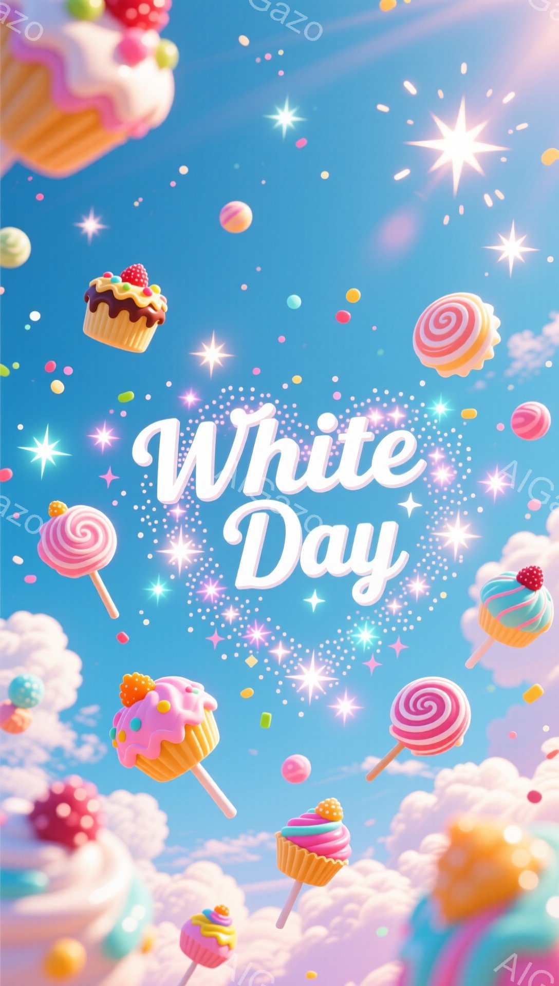 空は明るい水色で、ふわふわの雲が浮かんでいます。キャンディーやカップケーキなど、様々な甘いお菓子が空から降り注ぎ、キラキラと輝く星が散りばめられています。全体的に夢のような、甘くて楽しい雰囲気が漂っています。