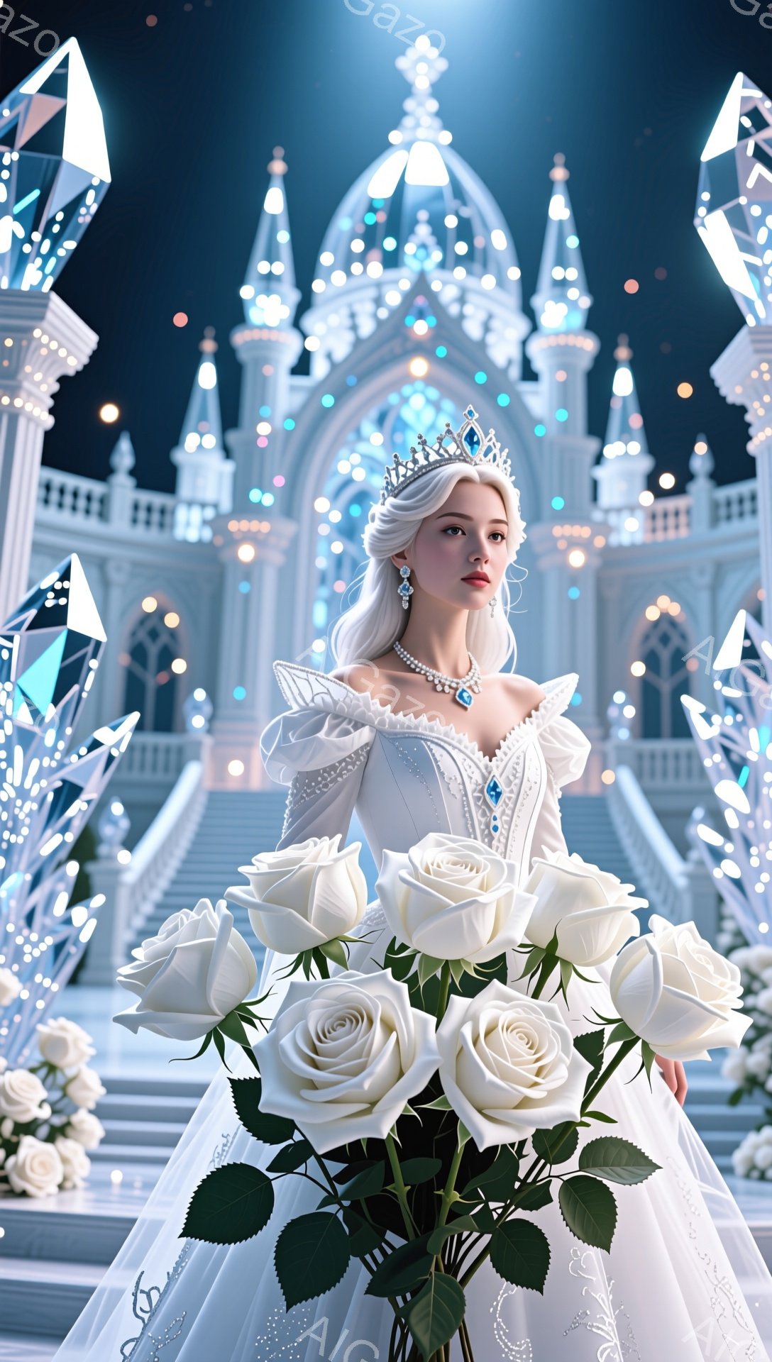 白い豪華なドレスを身に纏った女性が、バラの花束を抱え、堂々と立っている。彼女は白く波打つ髪をまとめ、ティアラをつけている。背景には、きらびやかな光に包まれた、おとぎ話のような城がそびえ立ち、夢のような - AI生成フリー素材