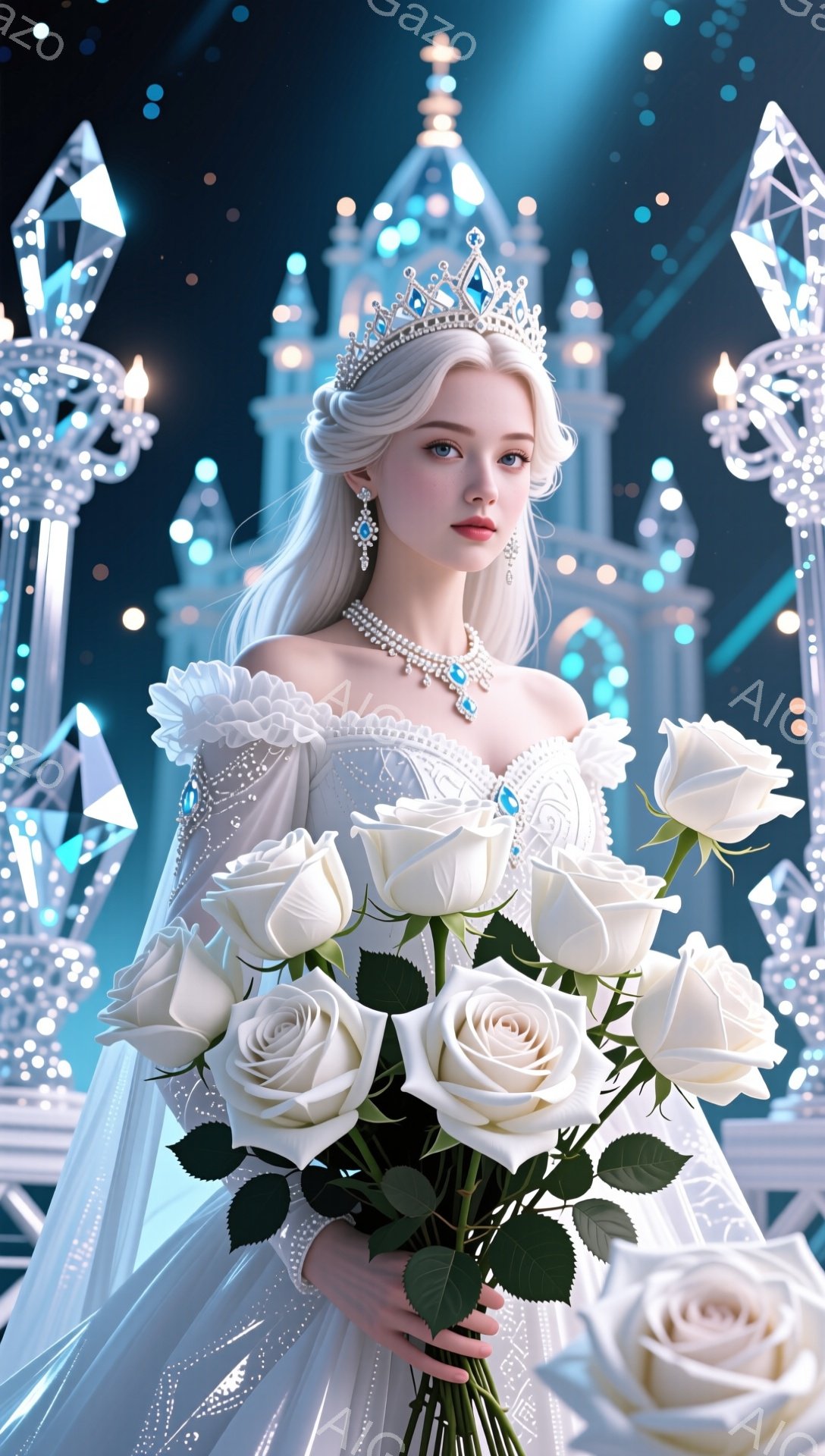 白いドレスとティアラを身につけた女性が、白いバラの花束を抱えています。彼女は金髪で、青い瞳を持ち、穏やかな表情を浮かべています。背景には、氷のような装飾が施された塔や建造物がそびえ立ち、幻想的で寒い雰囲気を醸し出しています。
