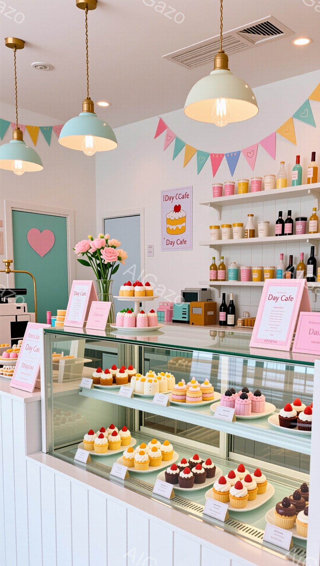 白を基調としたパティスリーのショーケースには、色とりどりの可愛らしいカップケーキやタルトが並んでいます。奥には商品が並んだ棚があり、壁にはカラフルなガーランドが飾られ、明るく華やかな雰囲気を演出しています。全体的にパステルカラーで統一されており、女性らしい優雅で甘い空間が表現されています。