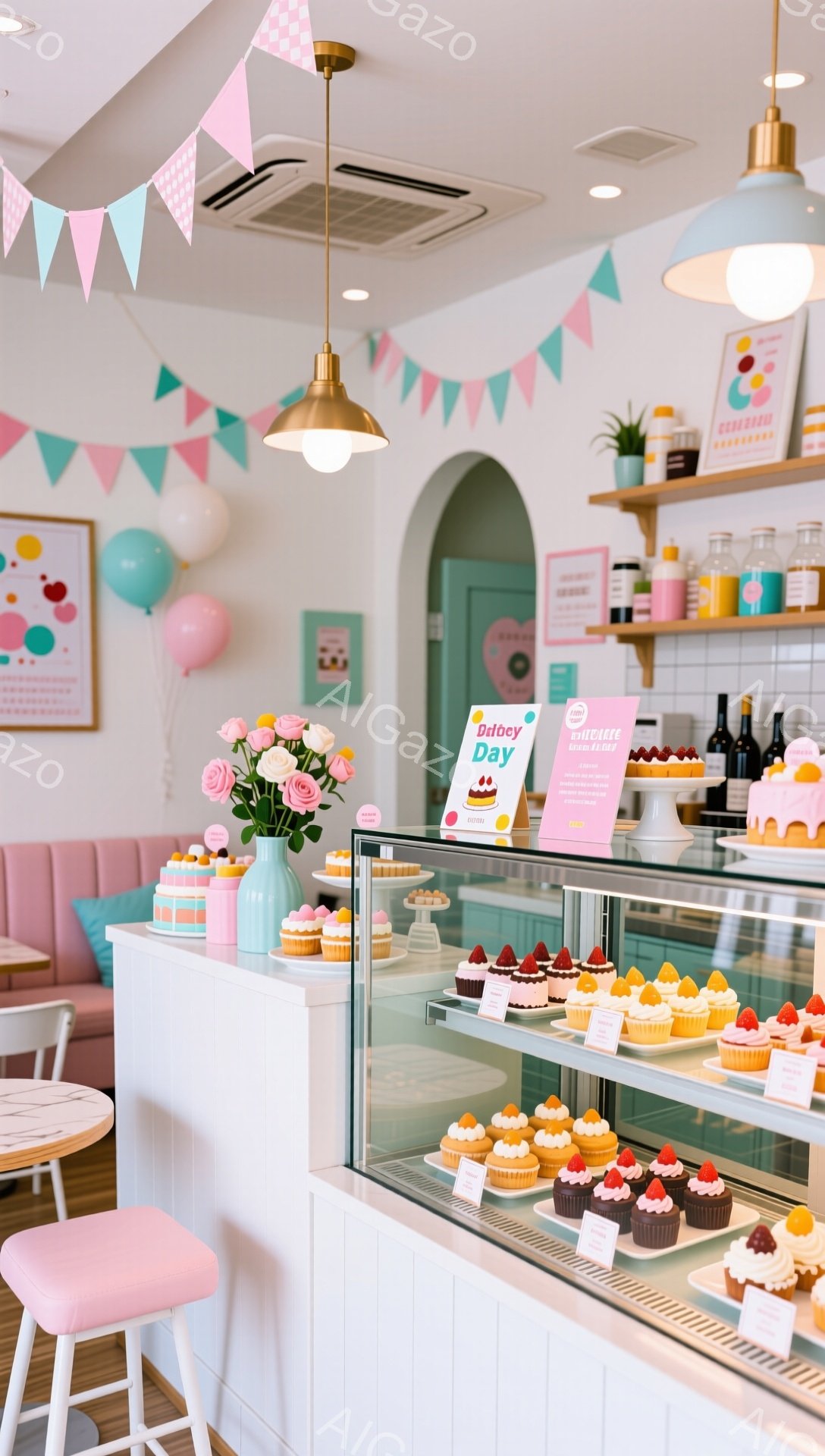 明るく可愛らしいパティスリーの店内です。ショーケースには、カラフルなカップケーキやケーキが並べられ、ピンクと水色の装飾が目に鮮やかです。背景には風船やガーランドがあり、お祝いムード満点の、甘くて幸せな雰囲気が漂っています。