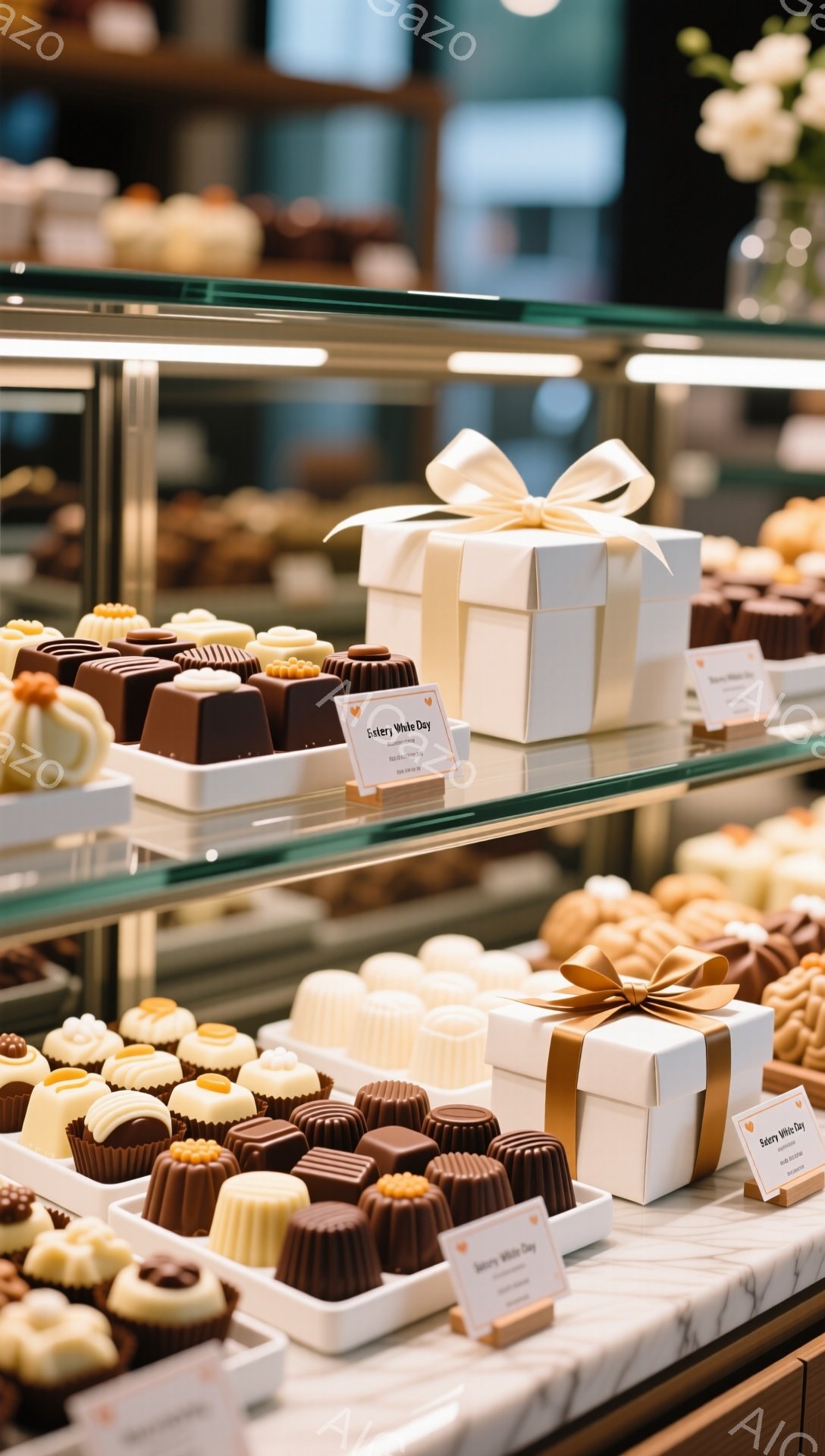 チョコレートのショーケースが写っており、様々な種類のチョコレートが整然と並んでいます。白、茶色、金色の包装紙で包まれたチョコレートは、バレンタインデーやホワイトデーの贈り物として魅力的です。背景にはぼやけた光があり、上品で洗練された雰囲気を醸し出しています。