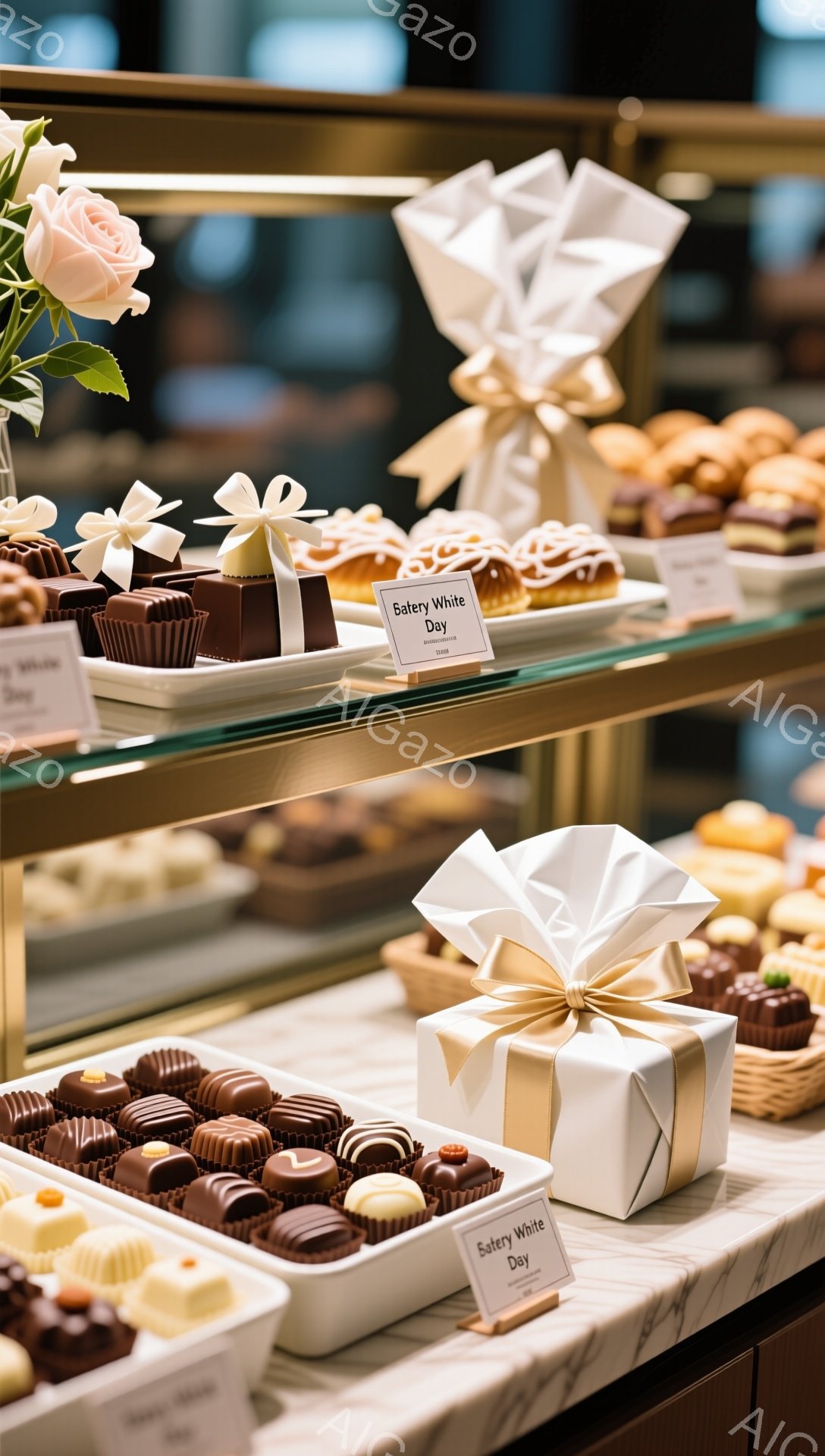 ガラスケースの中に、様々なチョコレート菓子と、白い包装紙で美しくラッピングされた焼き菓子が並んでいます。それぞれにリボンが結ばれており、上品な雰囲気を醸し出しています。背景には、ぼやけたお店の様子が見え、全体的に温かみのある、お祝い事やギフトにぴったりのイメージです。