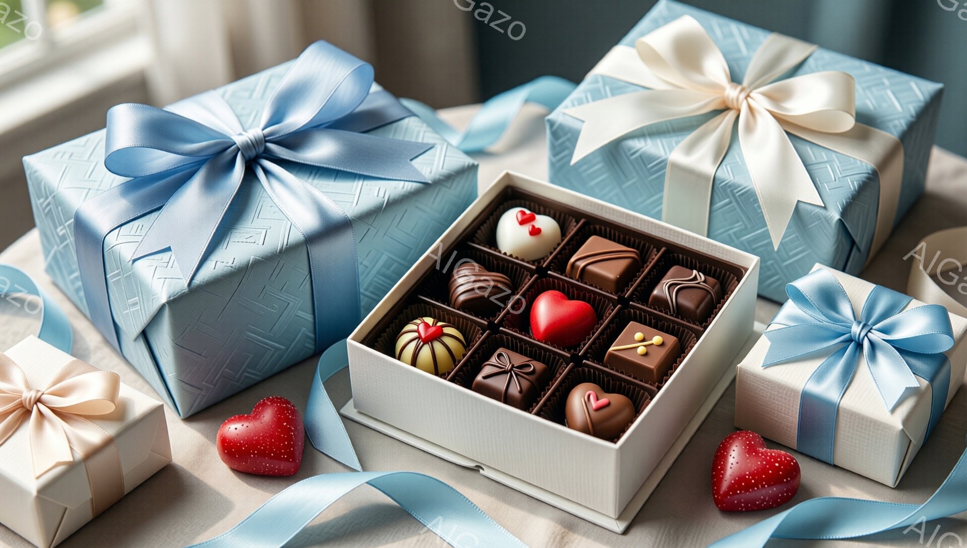 白い箱の中に様々なチョコレートが並べられています。明るい赤色のハート型のチョコレートや、白と茶色のマーブル模様のチョコレートなど、見た目も華やかで美味しそうです。背景には、水色のリボンで飾られたギフトボックスがいくつか置かれており、贈り物や特別な日の雰囲気を醸し出しています。