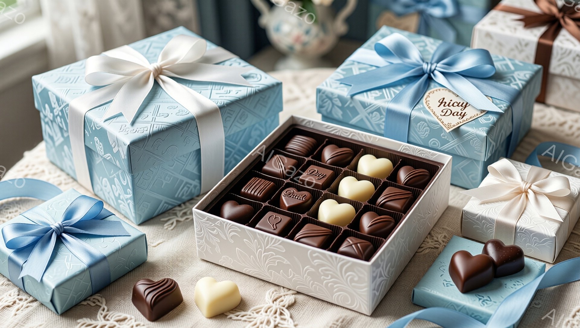 繊細なレース編みのテーブルクロスの上に、青い包装紙で丁寧にラッピングされたチョコレートのギフトボックスがいくつか置かれています。開いた箱の中には、カラフルなチョコレートが整然と並べられており、ハートの形をしたチョコレートがいくつか散りばめられています。全体的に、バレンタインデーや特別な機会を祝うための、上品で甘い雰囲気が漂っています。