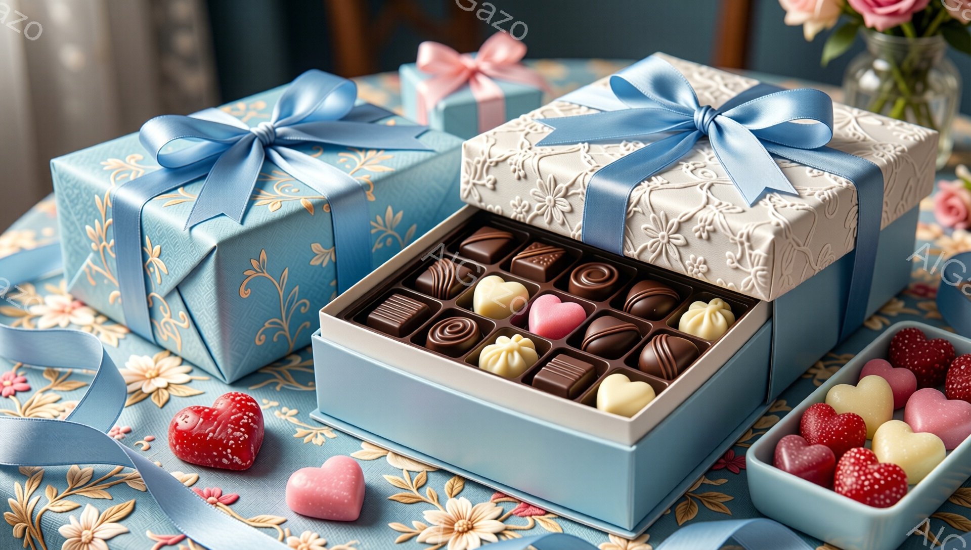 鮮やかな花柄のテーブルクロスの上に、ラッピングされたギフトボックスとチョコレートが並べられています。青いリボンで飾られたギフトボックスは2つ、開いたチョコレート箱には様々な種類のチョコレートが整然と並び、可愛らしいハート型のチョコレートも添えられています。全体的に明るく甘い雰囲気で、バレンタインや記念日を連想させる、お祝いの光景です。