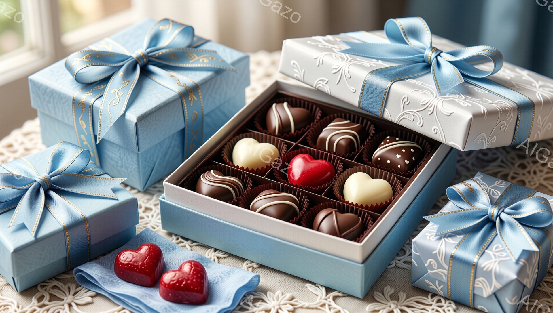 繊細なレース模様のテーブルクロスの上に、青い箱にリボンが結ばれたチョコレートが並べられています。開いた青いチョコレート箱の中には、様々な色と模様のチョコレートが整然と並び、特に赤いハート型のチョコレートが目を引きます。全体的に甘くロマンチックな雰囲気で、バレンタインや特別な日の贈り物として表現されているようです。