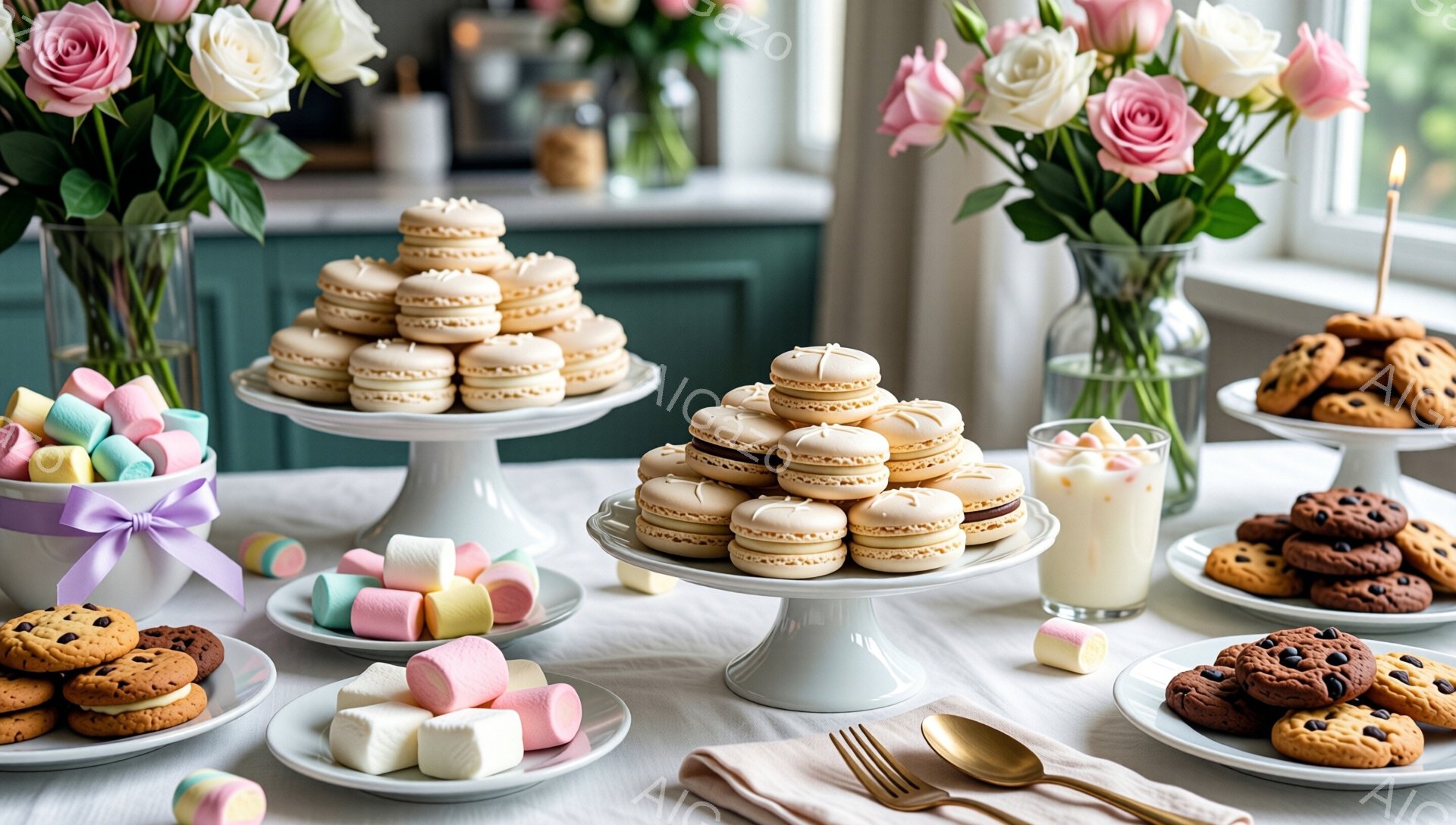 白いテーブルクロスの上に、マカロン、クッキー、マシュマロが美しく並べられています。背景には柔らかい光が入る窓と、淡い緑色の壁が見え、花瓶に挿されたバラが華やかさを添えています。全体的にパステルカラーでまとめられ、穏やかで可愛らしい雰囲気が漂っています。