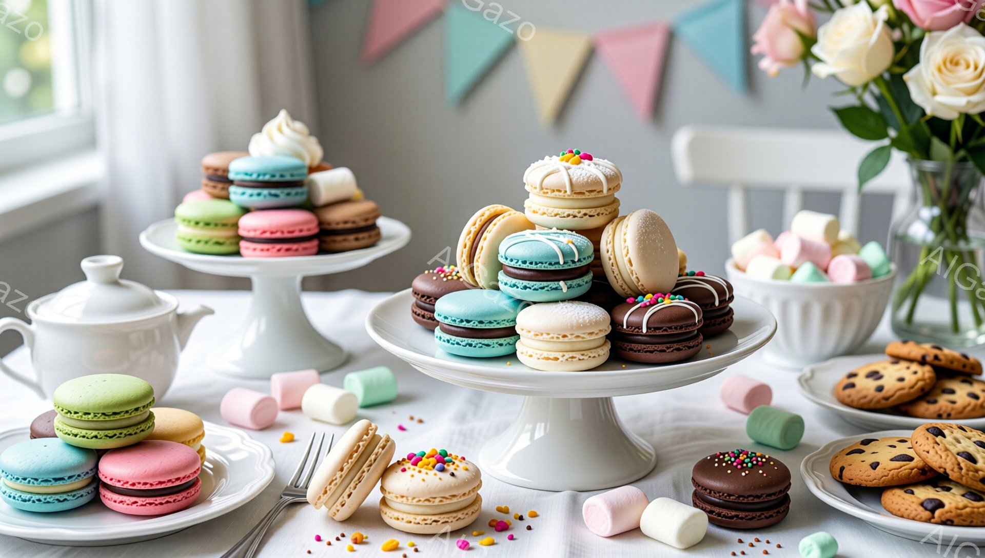 白いテーブルクロスの上に、カラフルなマカロンやクッキー、マシュマロが美しく並べられています。背景には、ぼやけた窓とパステルカラーのガーランドが見え、春らしい柔らかい光が差し込んでいます。全体的に、お菓子パーティーやティータイムのような、甘くて幸せな雰囲気が漂っています。
