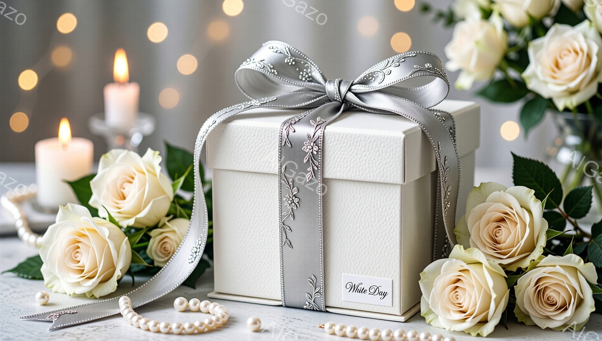 白いバラと真珠のネックレスが、白いギフトボックスを囲んでいます。ギフトボックスは銀色のリボンで丁寧にラッピングされ、上品な印象を与えます。背景にはぼんやりとした光が散りばめられ、ロマンチックで穏やかな雰囲気を醸し出しています。