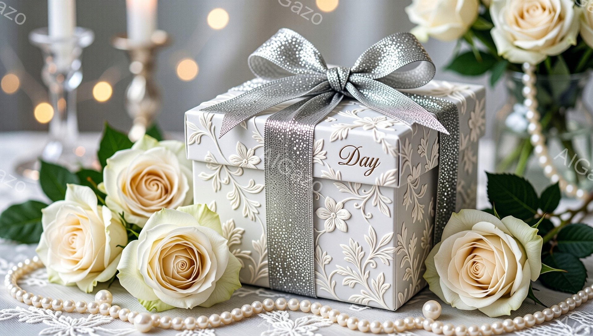 白いバラと真珠のネックレスに囲まれた、繊細な模様が施されたギフトボックスが中央に配置されています。ボックスは銀色のリボンで飾られ、上品な印象を与えます。背景はぼかされており、キャンドルや光の粒子が微かに見え、ロマンチックで優雅な雰囲気を醸し出しています。
