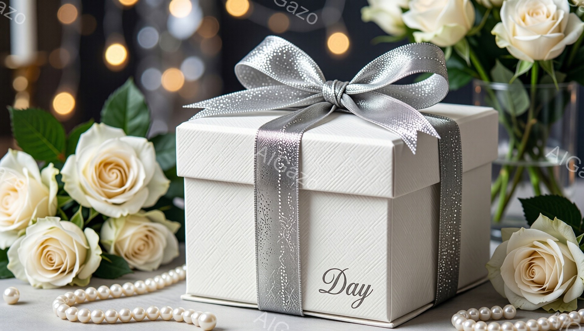 白いバラと真珠に囲まれた、オフホワイトのギフトボックスが中央に配置されています。リボンは銀色で、キラキラと光沢があり、箱に上品なアクセントを加えています。背景はぼやけており、温かい光の玉が散りばめられ、ロマンチックで洗練された雰囲気を醸し出しています。