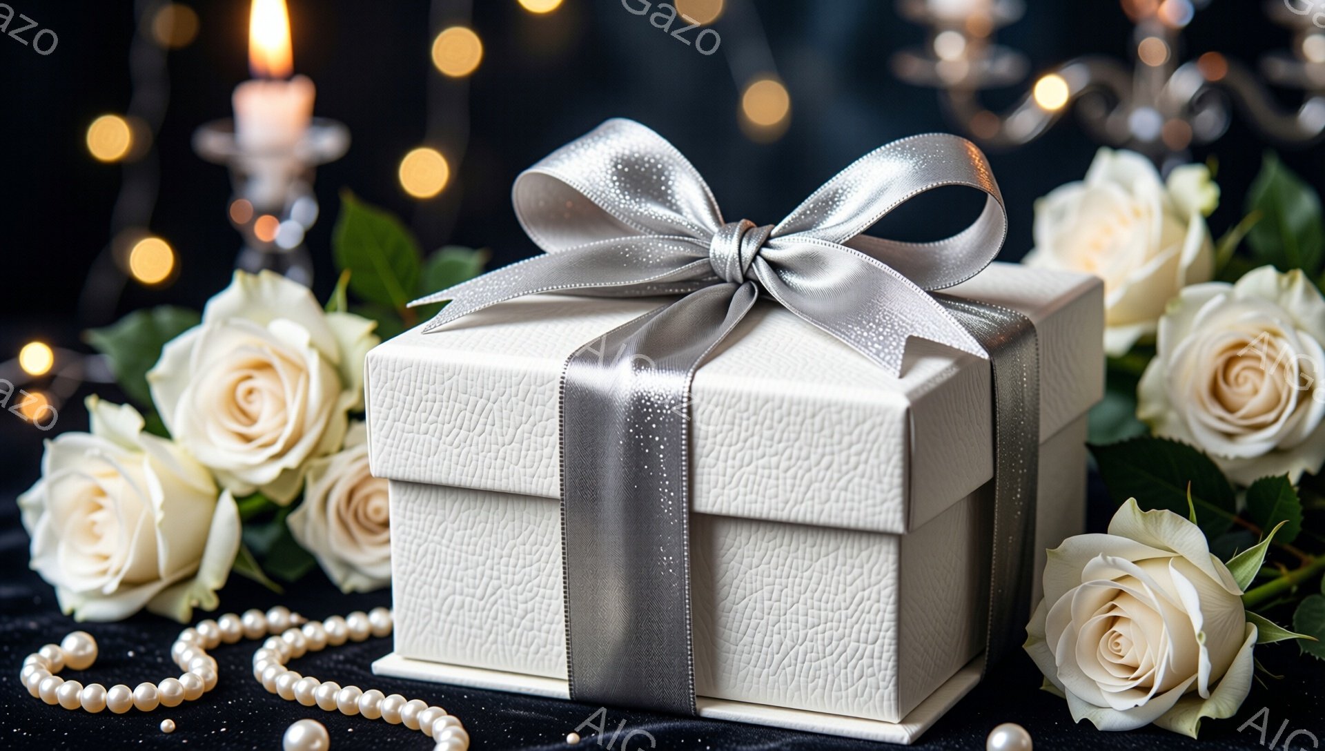 真っ黒なベルベットのような布の上に、白いテクスチャード加工のギフトボックスが置かれています。銀色のリボンが丁寧に結ばれ、ボックスの周囲には白バラが散りばめられています。背景には、ぼやけた光の玉と、真珠のネックレス、そして燭台が見え、ロマンチックで優雅な雰囲気を醸し出しています。