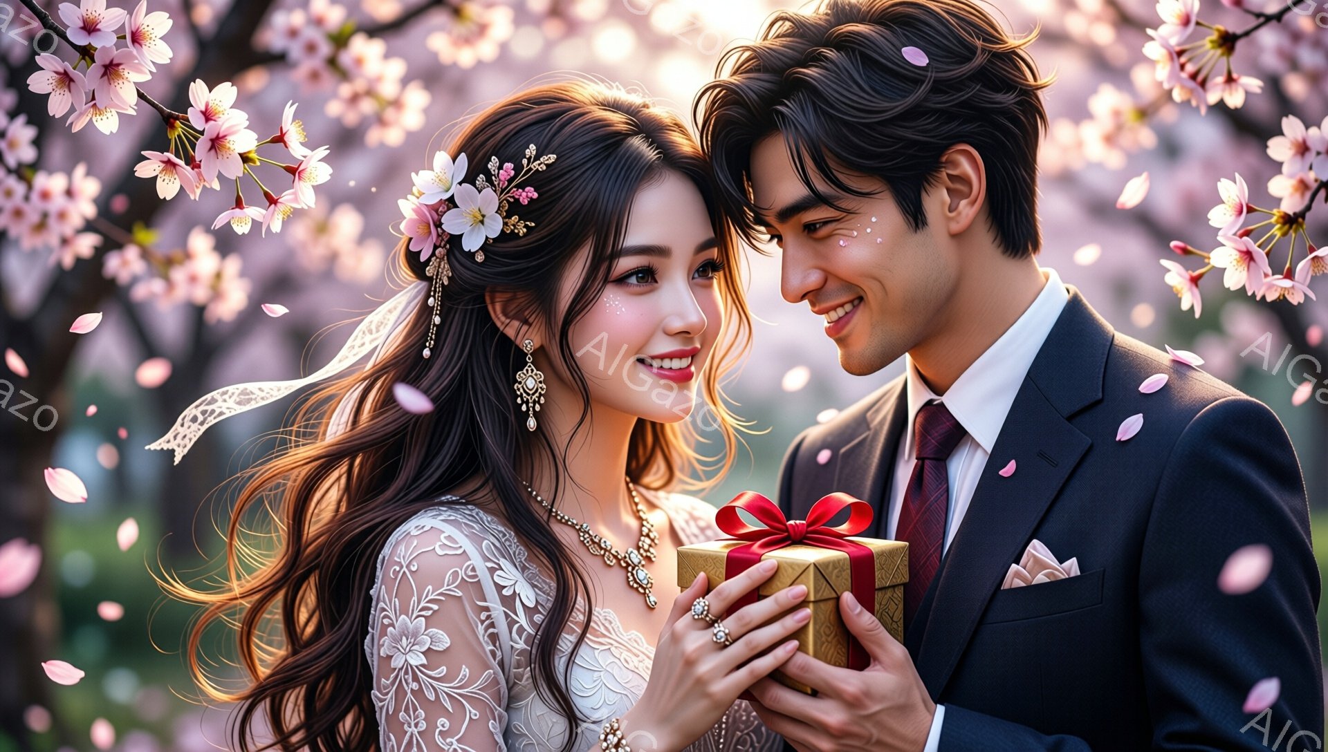 花びらが舞う桜並木を背景に、ウェディングドレス姿の女性とタキシード姿の男性が寄り添っている。女性は花飾りをつけた巻き髪で、微笑みながら男性を見つめており、男性は赤いリボンが付いたギフトボックスを抱え、優しく微笑んでいる。全体的に暖かく、ロマンチックな雰囲気が漂っている。
