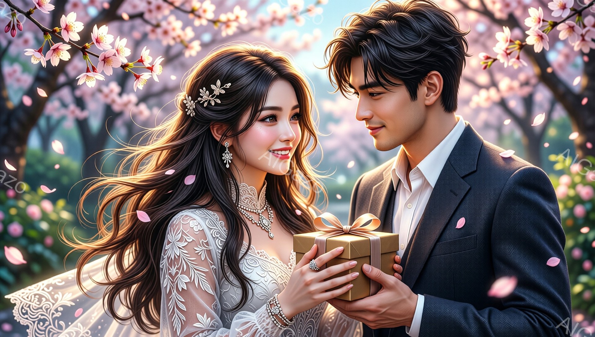 長い黒髪を靡かせた女性は、白いレースのドレスとネックレス、イヤリングを身に着けて微笑んでいる。彼女は左手にプレゼントボックスを受け取り、男性は黒いスーツ姿でプレゼントを差し出している。背景には桜の花びらが舞い散る桜並木が広がり、ロマンチックで幻想的な雰囲気を醸し出している。