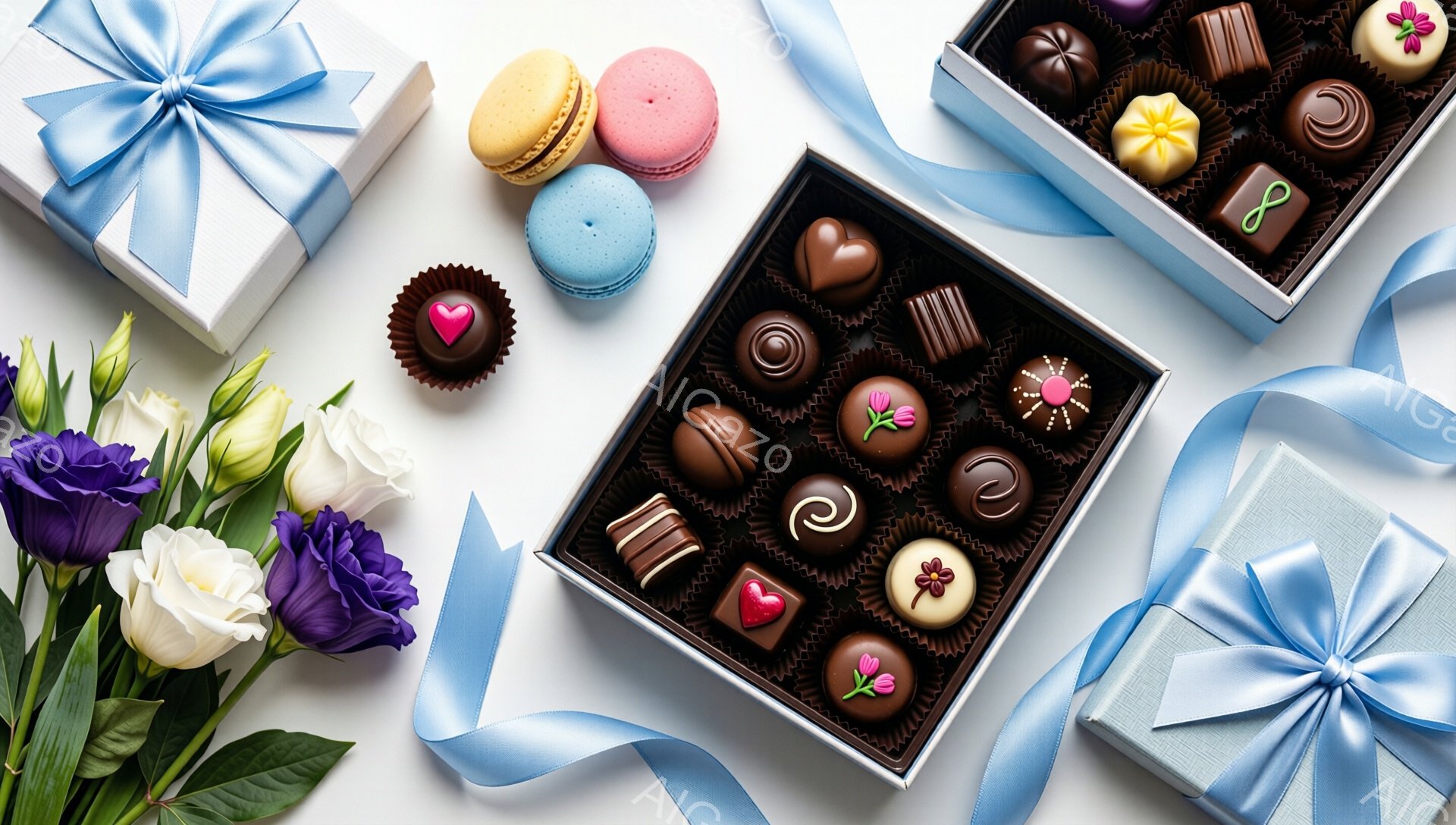 白い背景に、チョコレートの詰め合わせ、マカロン、そしてリボンで飾られたギフトボックスと紫と白のバラが配置されています。チョコレートは様々な形と色をしており、ギフトボックスとマカロンは、まるで特別な日の贈り物のような華やかな印象を与えます。青いリボンが全体を繋ぎ、明るくロマンチックな雰囲気を醸し出しています。
