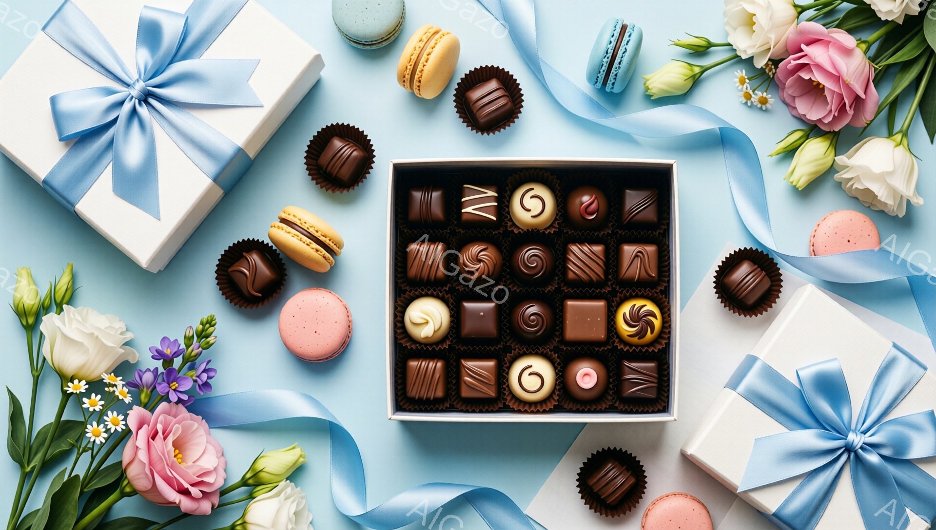 明るい水色の背景に、チョコレートの詰め合わせ箱とマカロン、そして花が配置されています。箱の中には様々な種類のチョコレートが整然と並んでおり、その周りにはパステルカラーのマカロンと、ピンクや白の花々が散りばめられています。リボンで飾られた白いギフトボックスが箱の両側にあり、全体的に優雅で甘い雰囲気を醸し出しています。