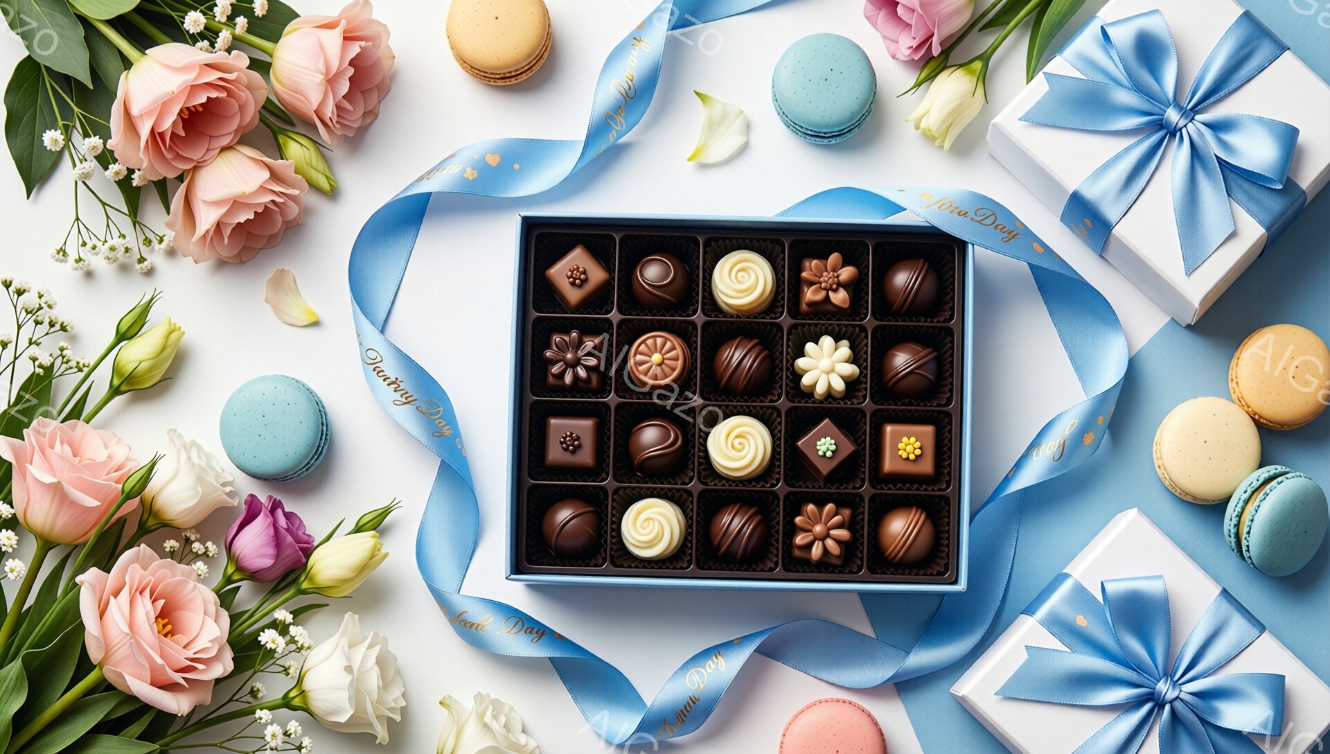 画像は、チョコレートの詰め合わせ、マカロン、そして花が美しいフラットレイの構図です。チョコレートは様々なデザインで、箱の中に整然と並べられています。明るい青いリボンと白いギフトボックスが添えられ、春らしい、お祝いの雰囲気を感じさせます。