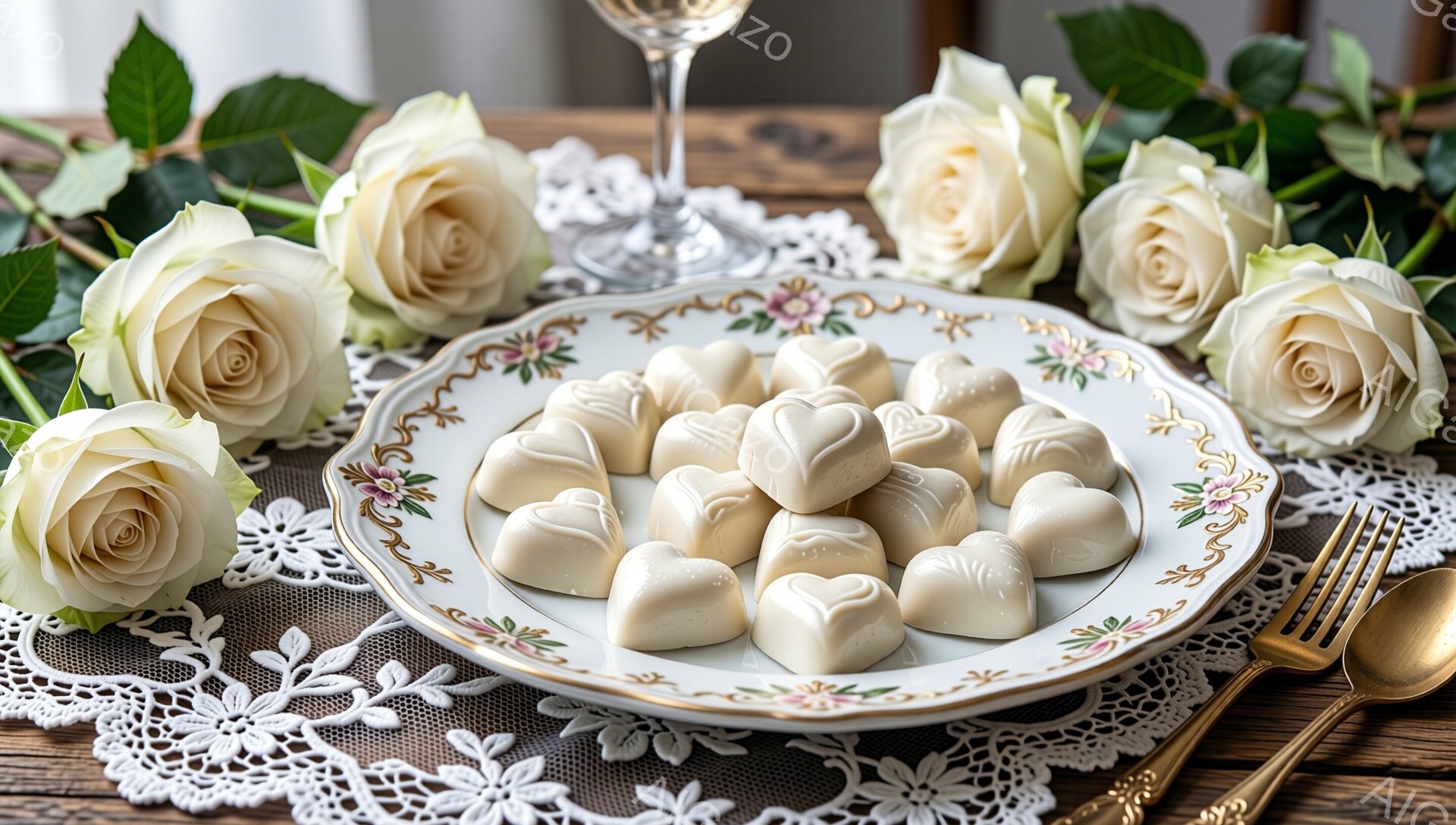 白いバラと繊細なレースのドイリーの上に、ハート型の白いチョコレートが並べられた装飾的な皿が置かれています。背景には、シャンパングラスがわずかに見え、上品でロマンチックな雰囲気を醸し出しています。全体的に、優雅で甘い、特別な日のためのデザートを連想させるイメージです。