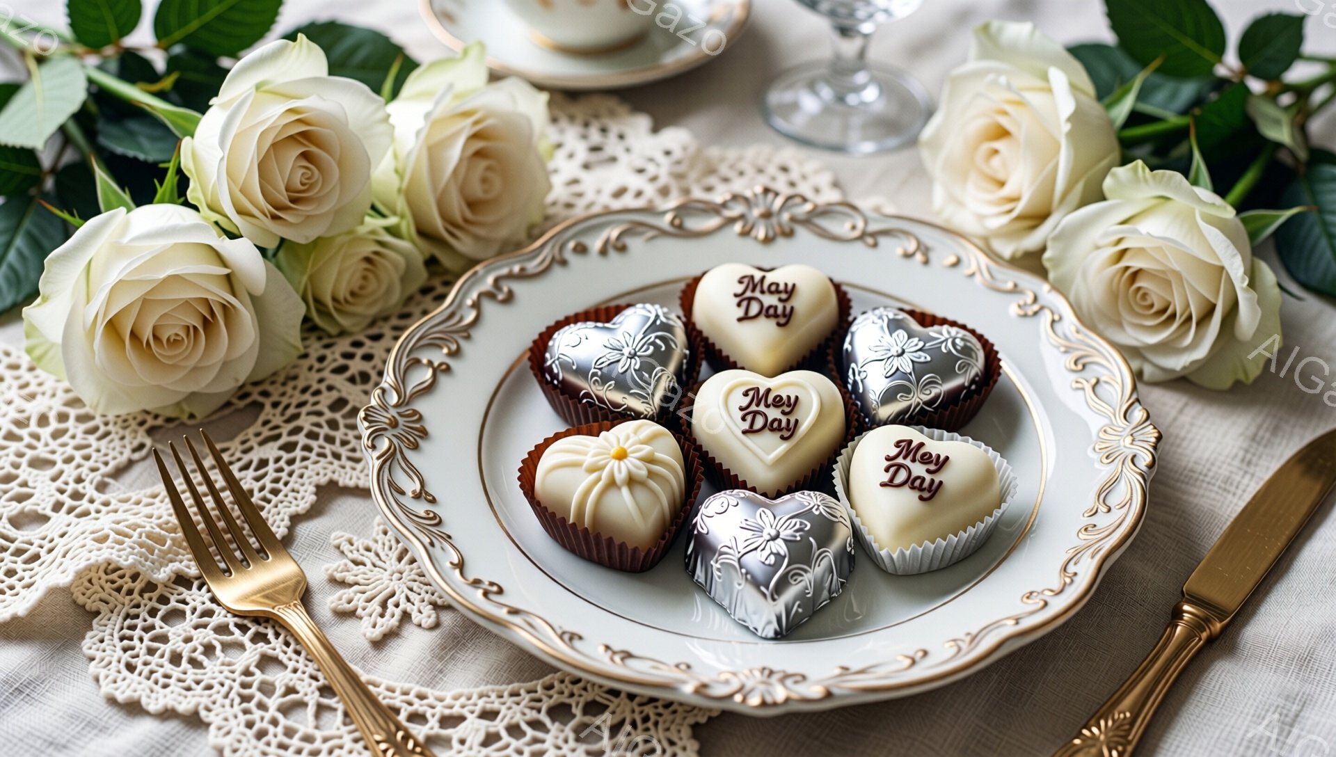 白いバラとチョコレートが並べられた、上品な雰囲気の写真です。チョコレートは様々な色と装飾が施されており、「May Day」という文字が書かれています。背景には繊細なレースのテーブルクロスとぼんやりとした食器が見え、穏やかで優雅な時間が流れているようです。