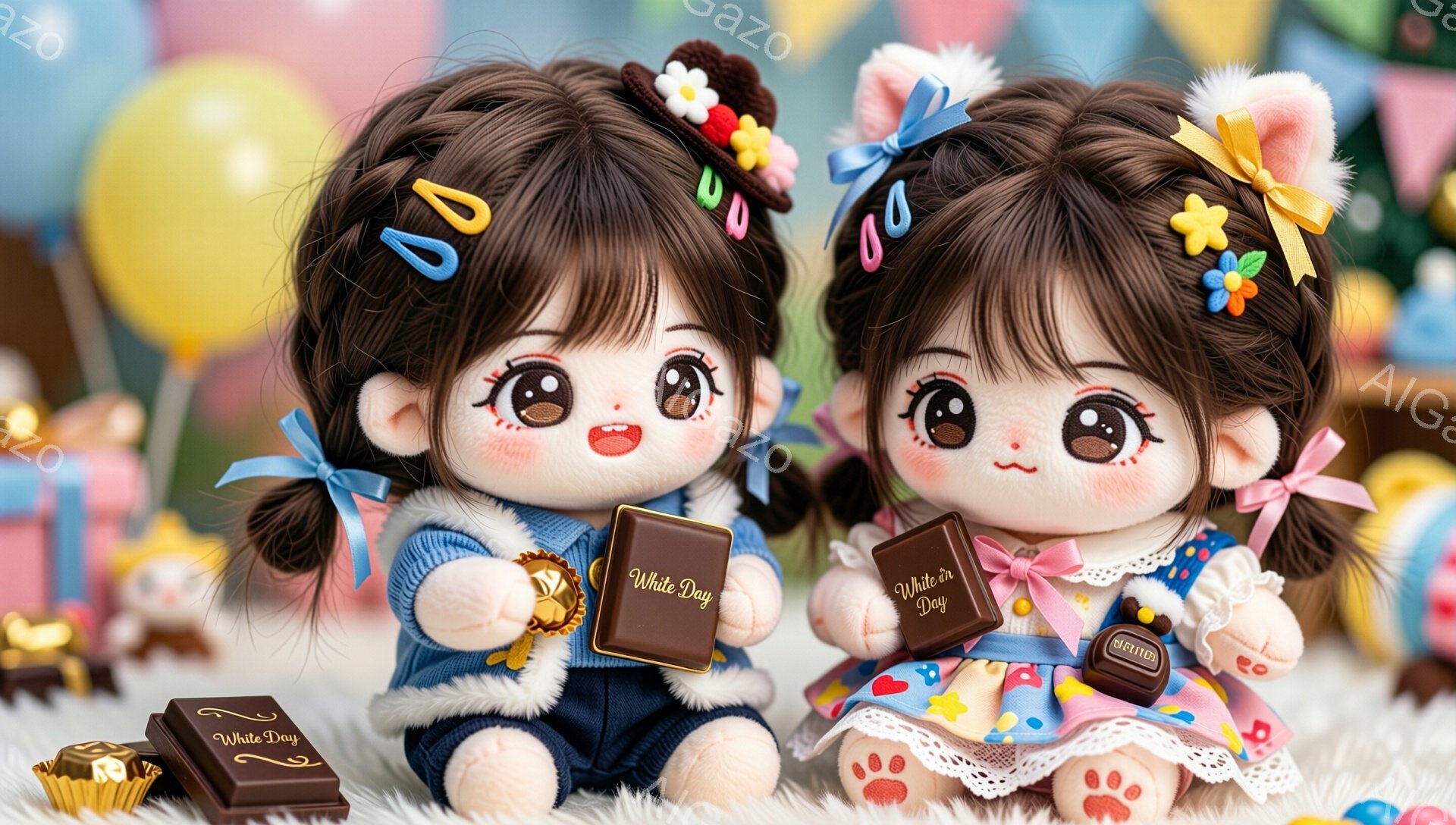 可愛らしい人形が2体、チョコレートを持ってポーズをとっています。片方の人形は水色のボーダーのシャツにふわふわの白いコート、頭には花飾りとリボンをつけています。もう一方の人形はピンク色のワンピースに白いカーディガンを着て、同じように頭に花飾りとリボンを付けて、背景にはカラフルなキャンディやチョコレートが散りばめられています。