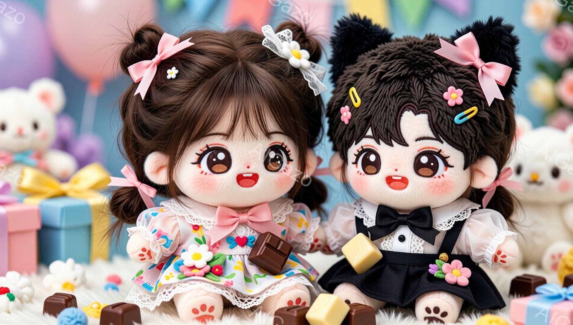 この画像には、可愛らしい人形が2体写っています。片方は花柄のドレスに白いレースの飾りとピンクのリボンをつけており、髪は2つのポニーテールに結ばれています。もう一方は黒いスカートと白いブラウス、蝶ネクタイを着ており、同じくポニーテールで、背景にはギフトボックスやチョコレート、テディベアが散りばめられています。