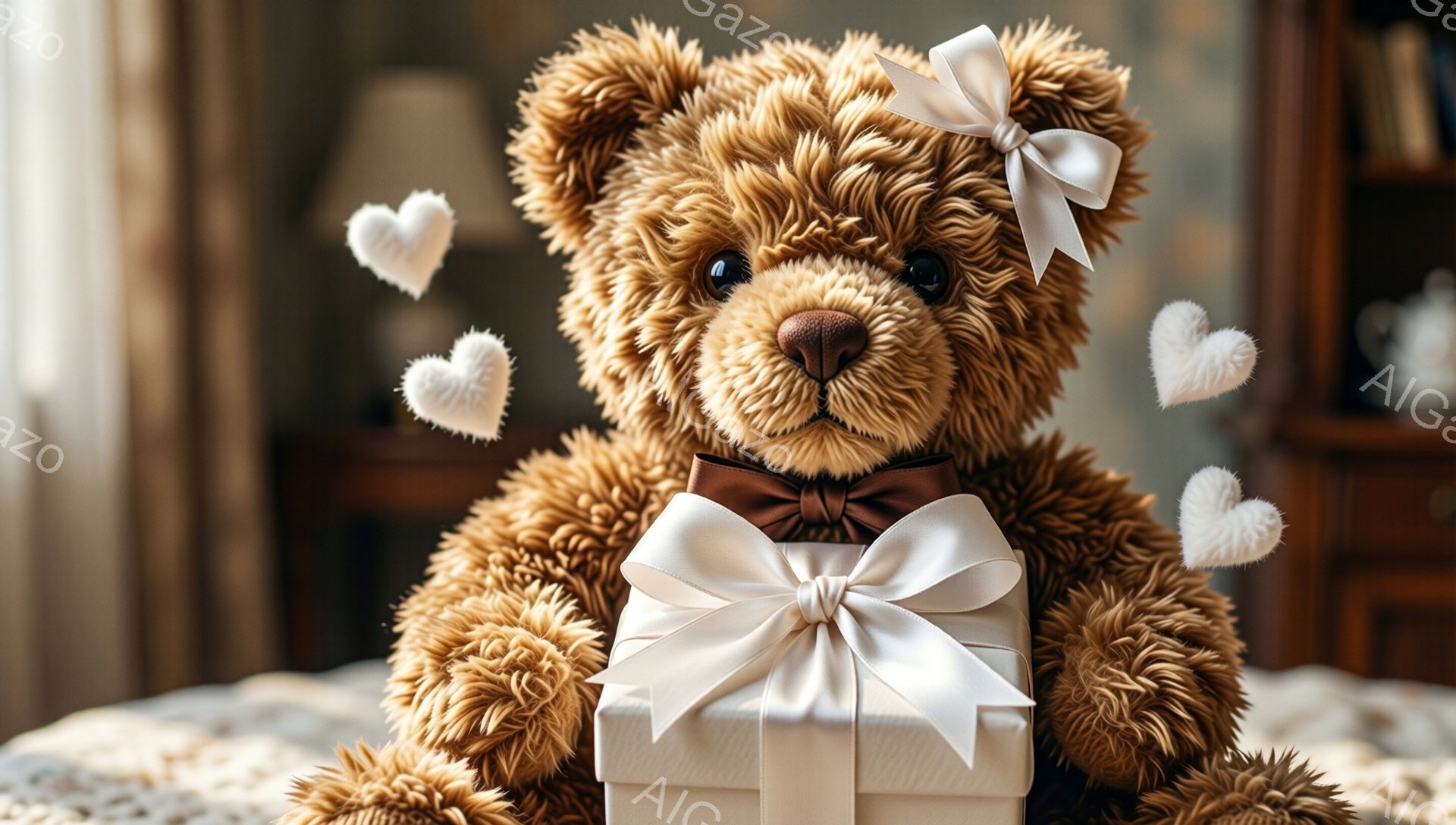 ふわふわの茶色のテディベアが、白いリボンと弓の飾りをつけ、大きな白いギフトボックスを抱えています。背景にはぼやけた家具が見え、周囲には小さな白いハートが浮遊しており、全体的に温かく優しい雰囲気が漂っています。テディベアは茶色の蝶結びをつけ、優しい表情で見る者を迎えています。