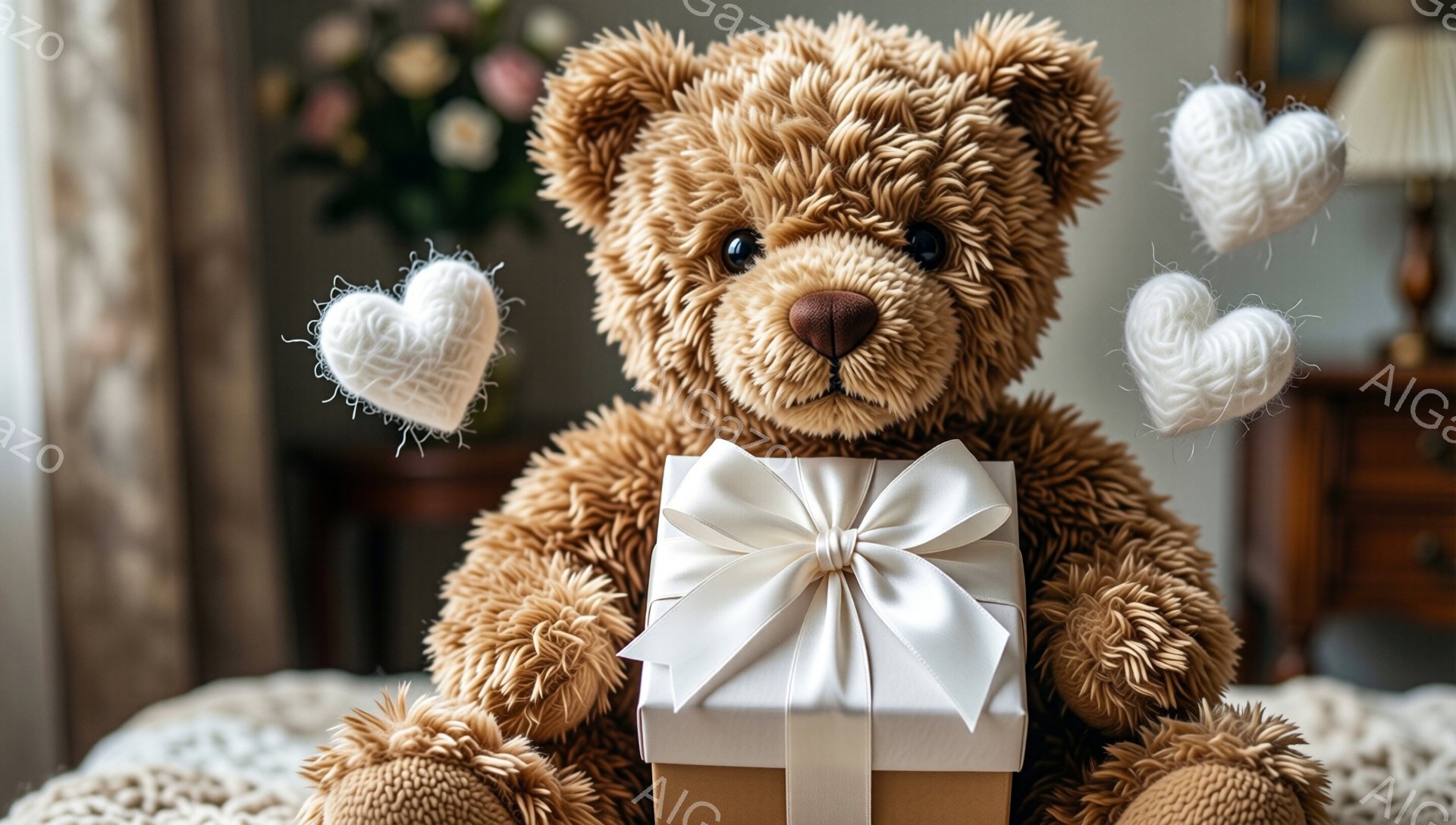 ふわふわの茶色のテディベアが、リボンのかかった茶色のギフトボックスを抱えています。周りには白い糸で作られたハートが浮かんでおり、背景にはぼやけた家具と花が見えます。温かく優しい雰囲気で、プレゼントを受 - AI生成フリー素材