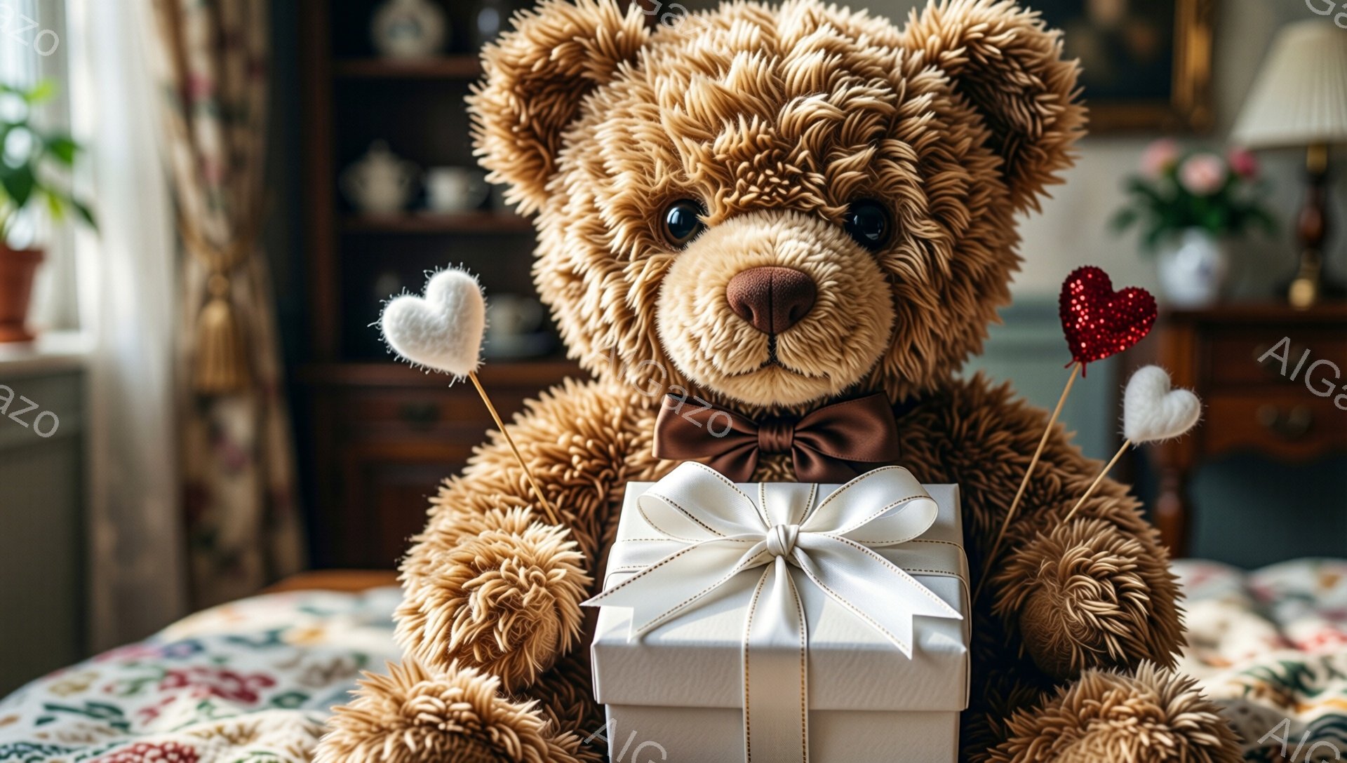 ふわふわの茶色のテディベアが、赤いリボンと白い箱を抱えています。周りには、ハート型の棒がいくつか立っており、可愛らしい雰囲気を醸し出しています。背景には木製の棚と花が飾られており、温かみのある室内が広 - AI生成フリー素材