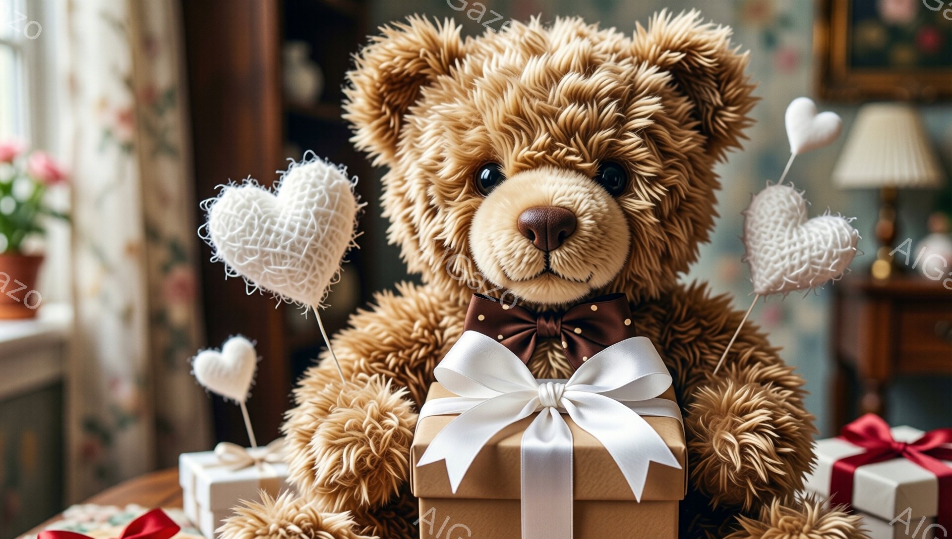 ふわふわの茶色のテディベアが、茶色のリボンと白い包装紙で飾られたギフトボックスを抱えています。背景には、他のギフトボックスや花が置かれ、可愛らしいハート型の飾りも浮かんでいます。全体的に温かく、愛情に満ちた、お祝いの雰囲気が漂っています。