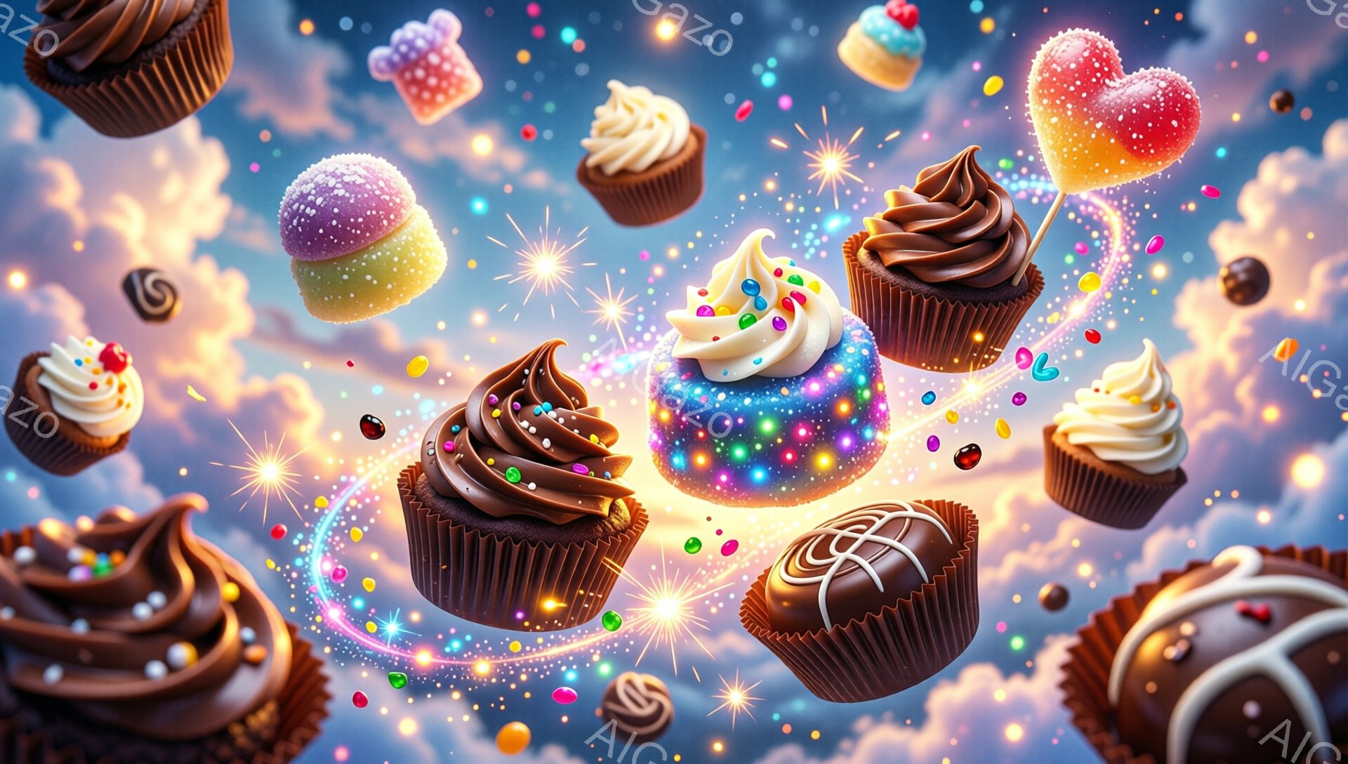 画像には、様々な種類のカップケーキが空中に浮かび、カラフルなスプリンクルやキャンディで飾られています。中央のカップケーキは特に明るく輝き、星のような光の効果が周りに広がっています。背景は淡い青色とピンク色の雲で覆われ、お祭りや夢のような雰囲気を醸し出しています。