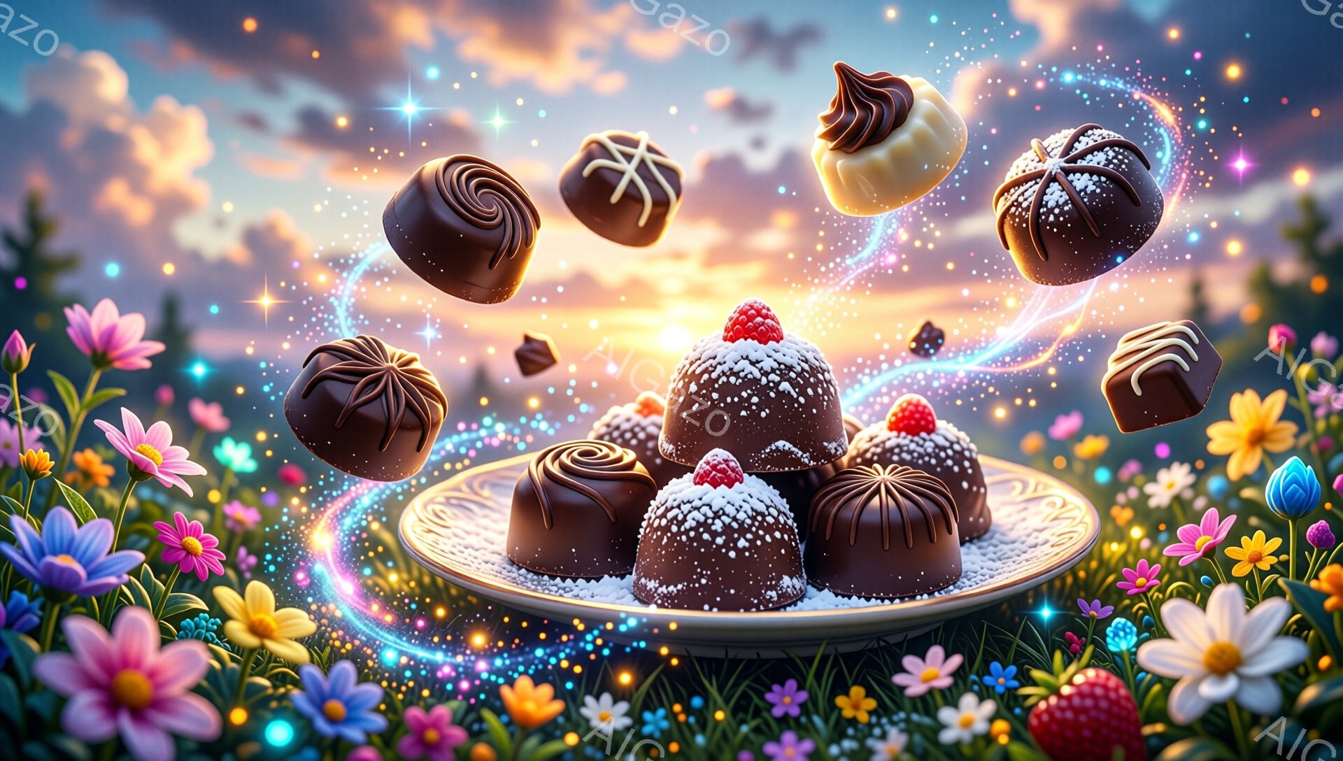 美しい花畑の中に、白いお皿の上に様々なチョコレートが並べられています。チョコレートはそれぞれ異なる形と装飾を持ち、粉砂糖やラズベリー、リボンなどで飾られています。背景には鮮やかな夕焼け空が広がり、魔法のような輝きがチョコレートと花畑全体を包み込んでいます。
