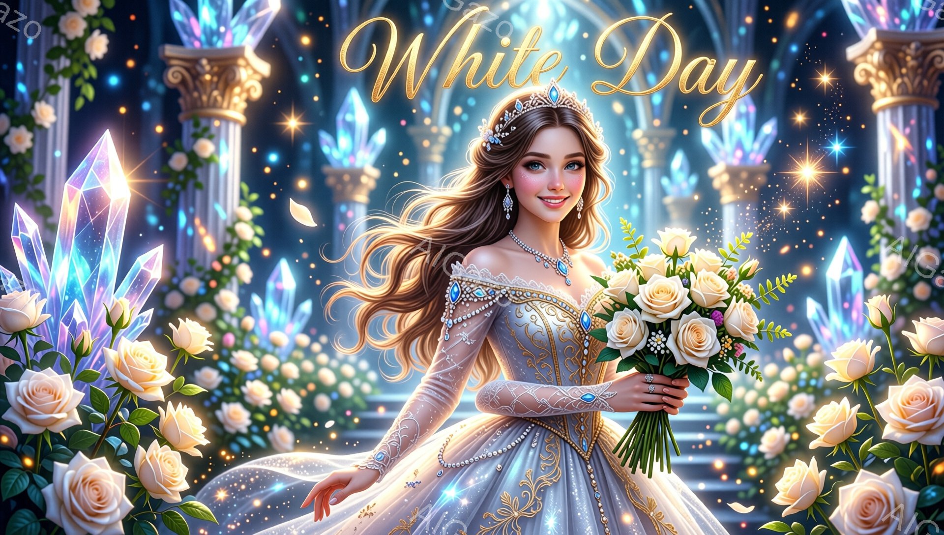 明るい金髪の女性が、きらびやかな水色のガウンとティアラを身に着け、バラの花束を抱えています。彼女は微笑み、片手を優雅に伸ばしており、まるで舞っているかのようです。背景には、輝く水晶の柱や花々が咲き乱れる幻想的な空間が広がり、夢のような雰囲気を醸し出しています。