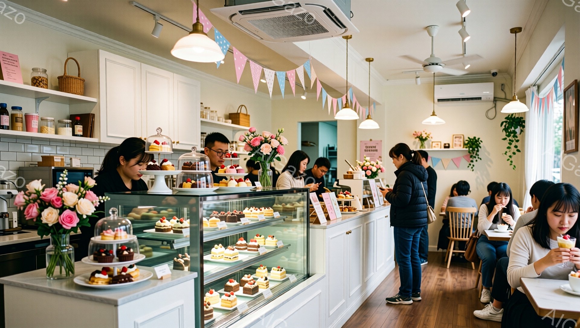 白を基調としたケーキ屋の店内には、ショーケースに様々な種類のケーキが並べられています。客たちはカウンターでケーキを選んだり、テーブルで飲食を楽しんでいます。全体的に明るく、可愛らしい雰囲気で、壁には花飾りやガーランドが飾られています。