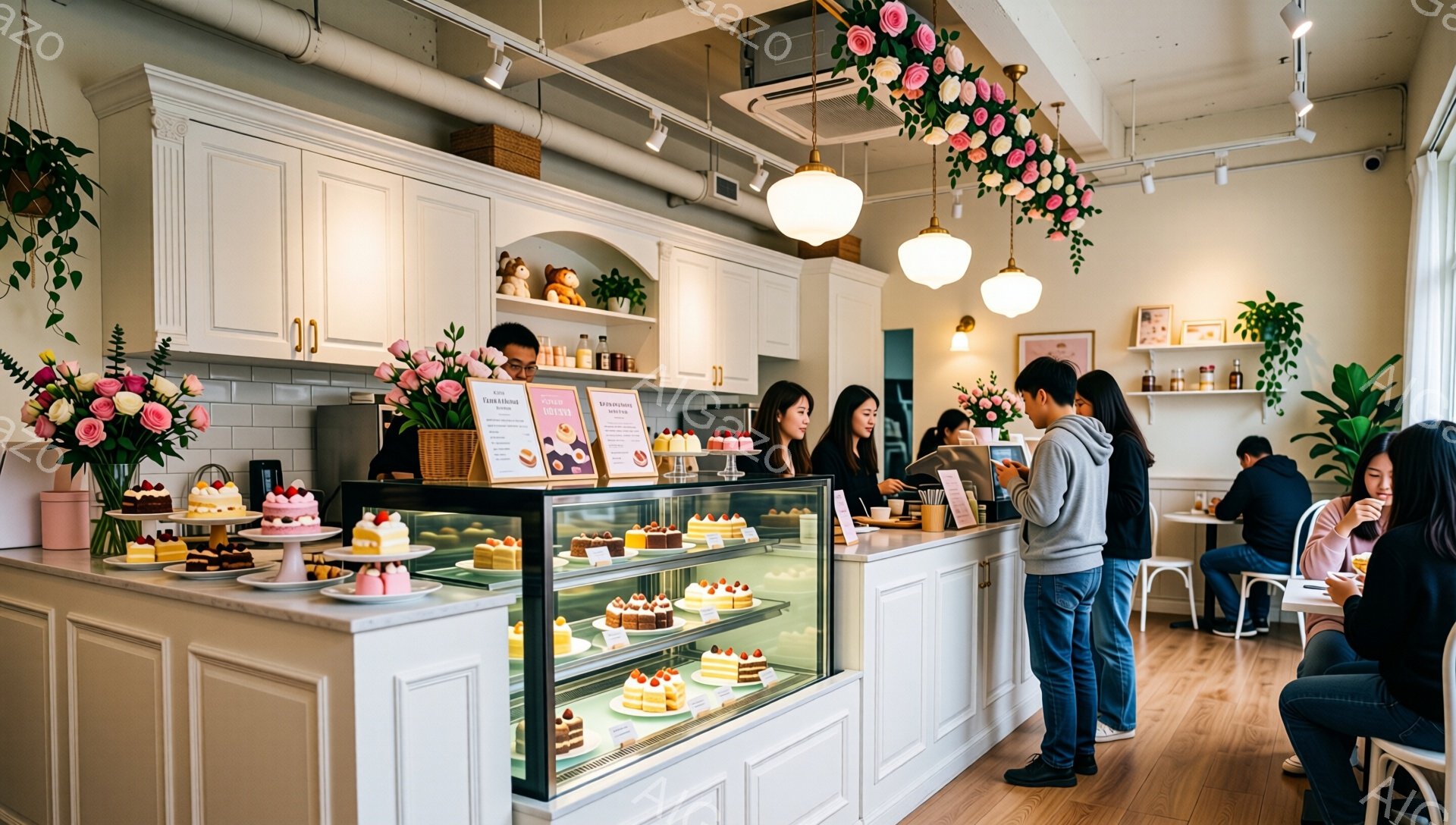 白を基調としたケーキ屋の内装で、ショーケースには色とりどりの美しいケーキが並べられています。客たちはカウンターの前で注文しており、女性店員は笑顔で対応しています。背景には花飾りや白い椅子が見え、明るく優雅な雰囲気が漂っています。