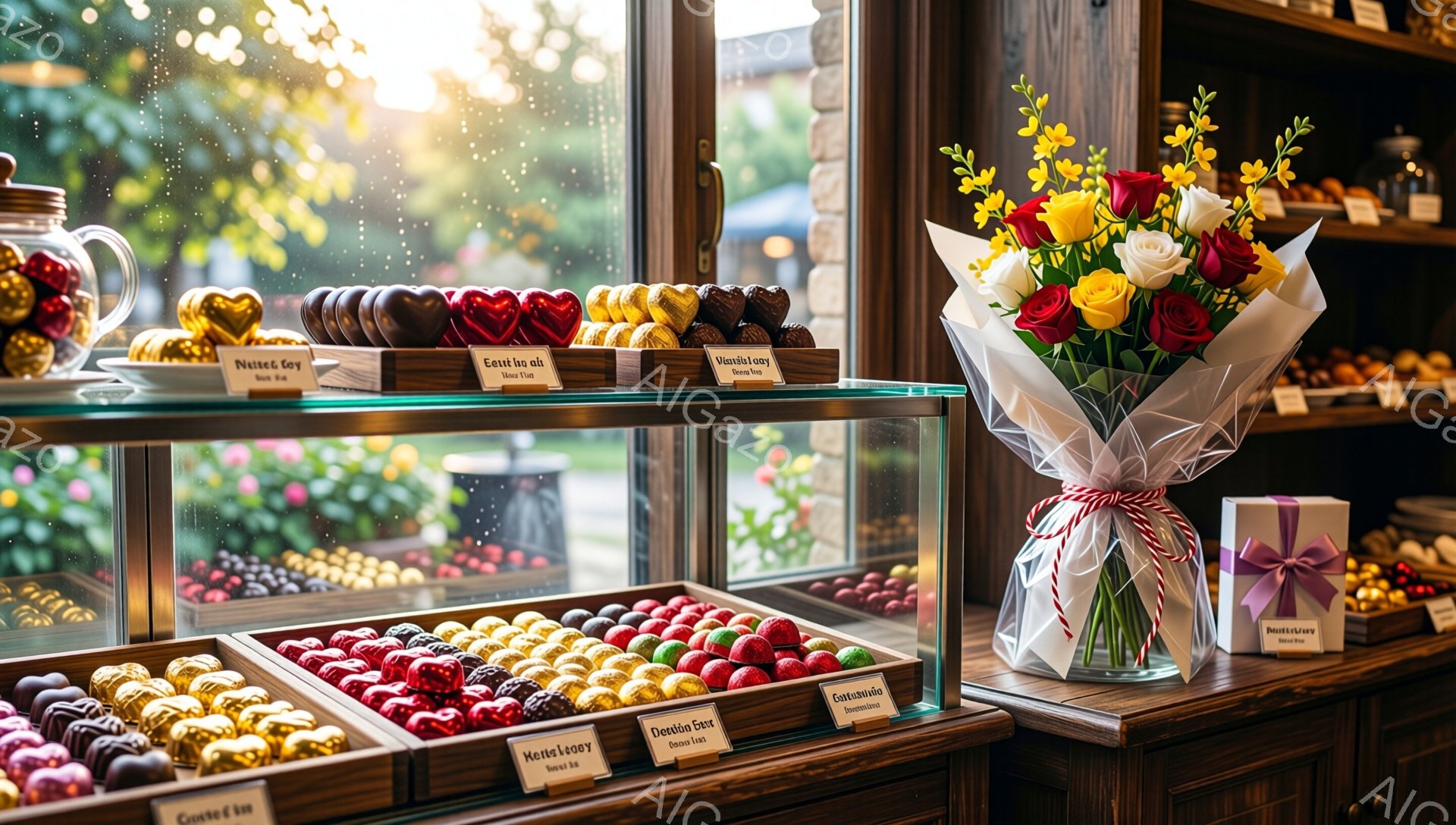 ショーケースの中に、カラフルなチョコレートやマカロンが整然と並べられています。右奥には、ピンク、白、黄色のバラが活けられた美しい花束が置かれ、商品の鮮やかさと花々の優美さが際立っています。背景にはぼや - AI生成フリー素材