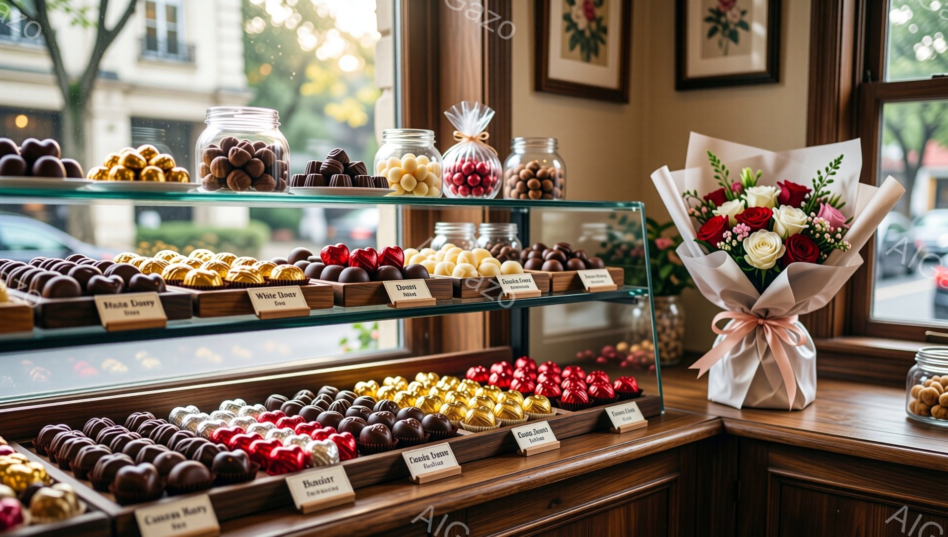 ショーケースには、様々な種類のチョコレートが整然と並べられています。奥には、色とりどりの花束が飾られており、窓の外にはぼやけた街並みが広がっています。暖色系の照明とチョコレートの美しい並びが、甘くて心地よい雰囲気を醸し出しています。