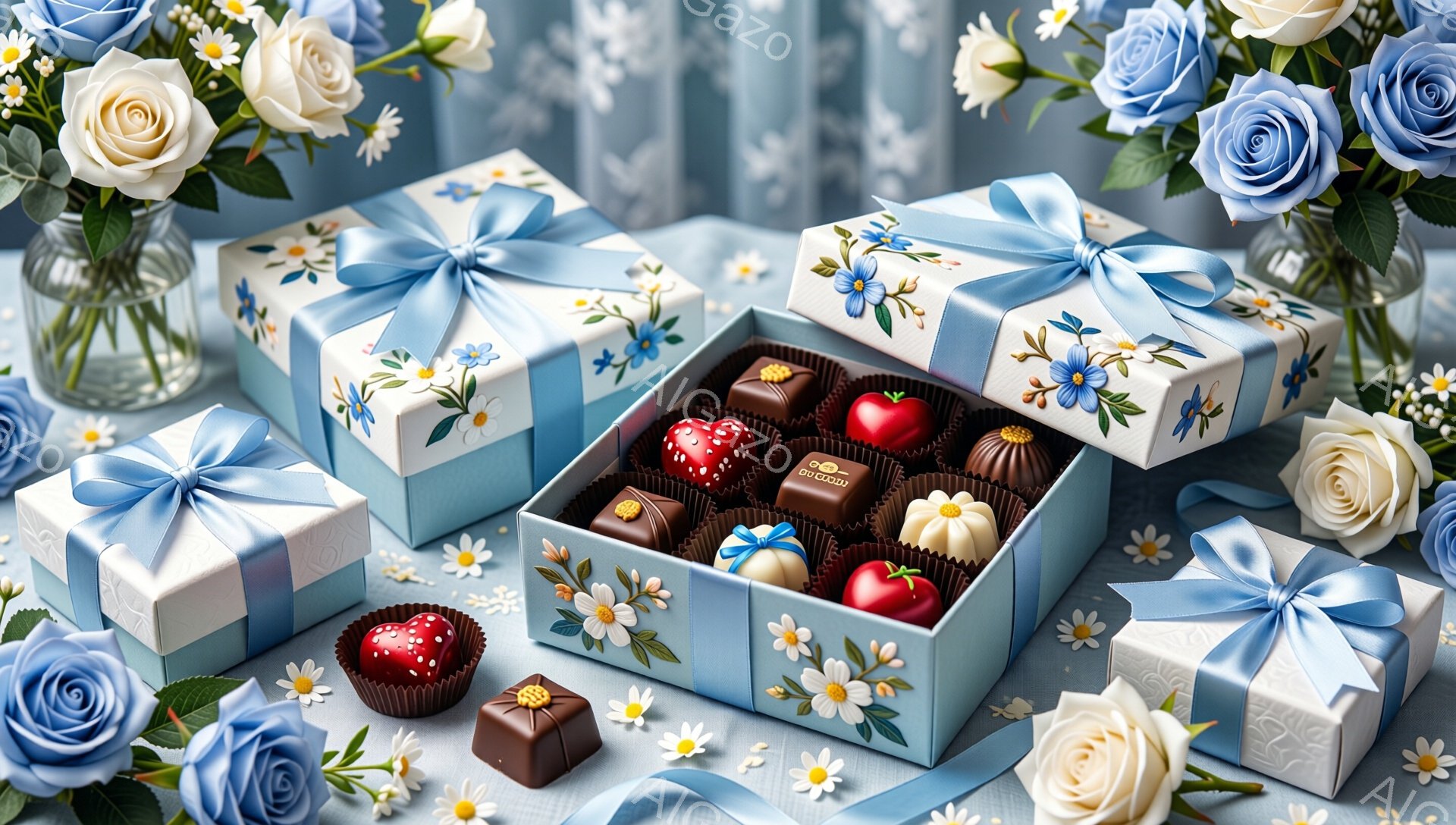 明るいブルーのテーブルの上に、リボンで結ばれたチョコレートの箱がいくつか置かれています。箱の中には様々な形のチョコレートが並び、いちごやレモンを模したものが目を引きます。背景には白と青のバラ、そして小さな白い花が散りばめられ、甘く上品な雰囲気を醸し出しています。