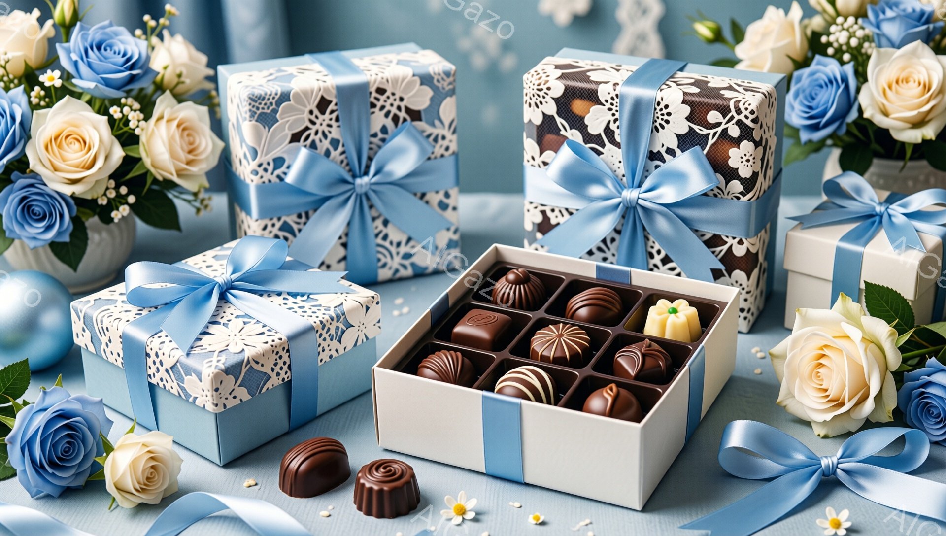 青い背景に、ラッピングされたギフトボックスとチョコレートが並べられています。繊細な模様のギフトボックスは明るい青と茶色のリボンで飾られ、開いた箱には様々な種類のチョコレートが整然と並んでいます。周りに - AI生成フリー素材