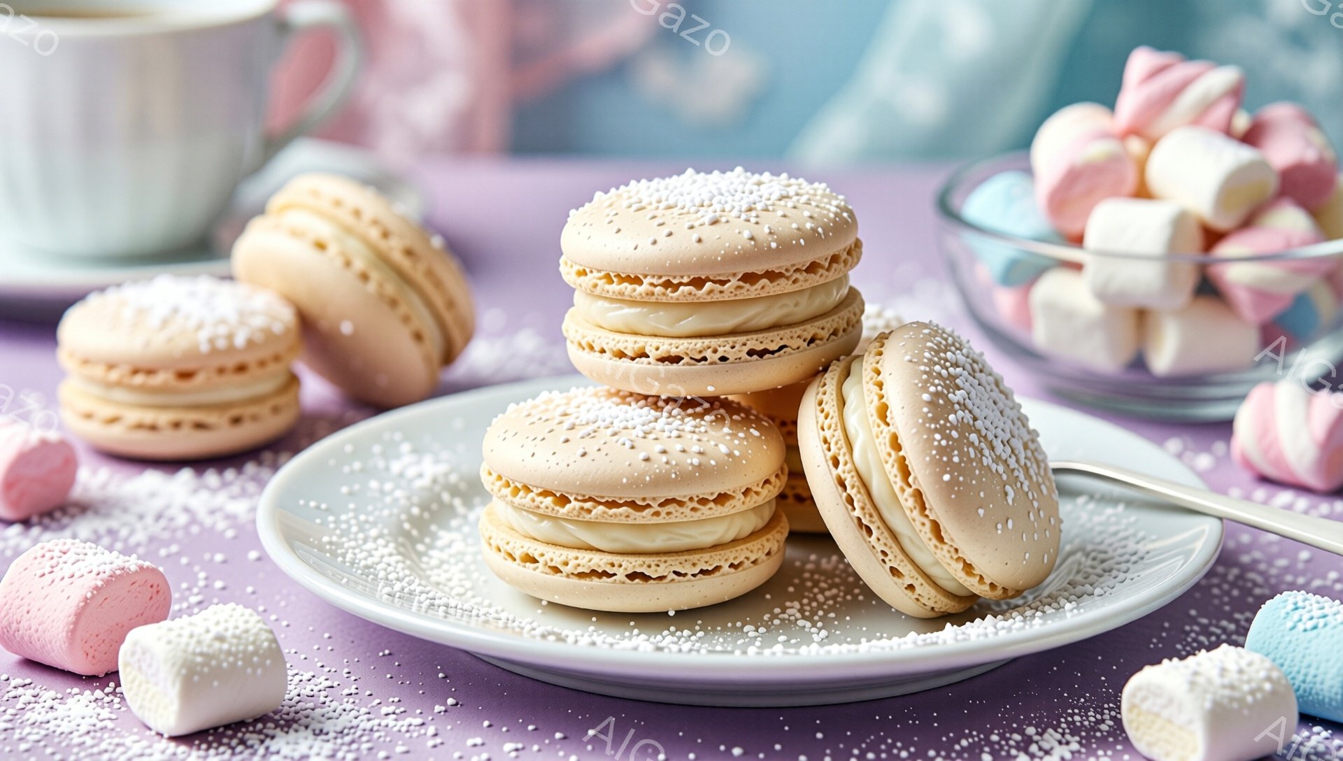 優しい紫色の背景に、粉砂糖がふりかけられたベージュ色のマカロンが積み重ねられ、白い皿に盛り付けられています。周りには、ピンクや水色のマシュマロが散りばめられ、遠くには泡立て器とコーヒーカップが見えます。全体的に、甘くて夢のような、牧歌的な雰囲気を醸し出しています。