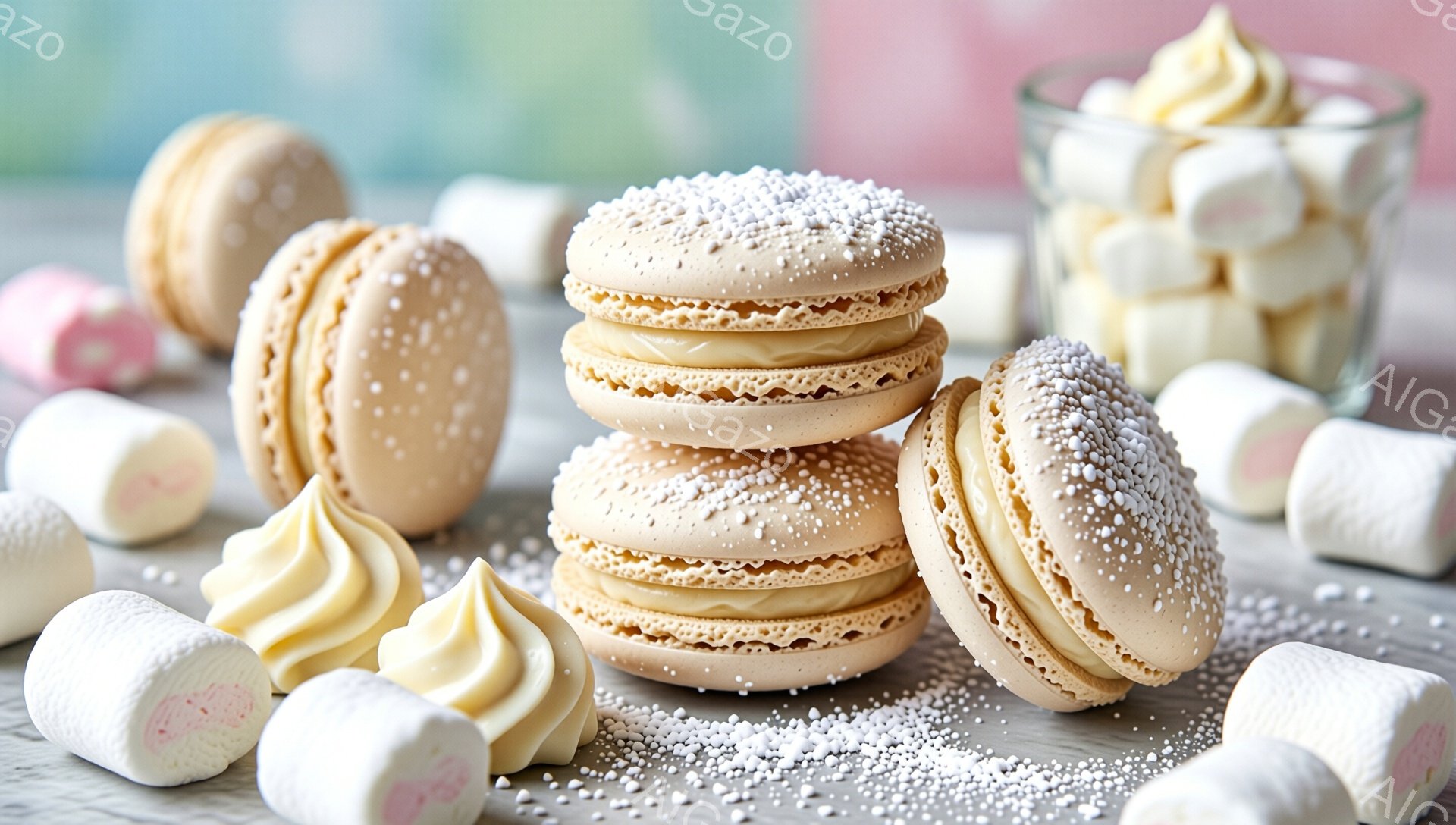 薄茶色のマカロンが積み重ねられ、周りには白いマシュマロや絞り出したクリームが散りばめられています。背景はグレーの表面で、少しぼやけたピンクと水色の色合いが見えます。全体的に柔らかく、甘い雰囲気のスイーツの写真です。