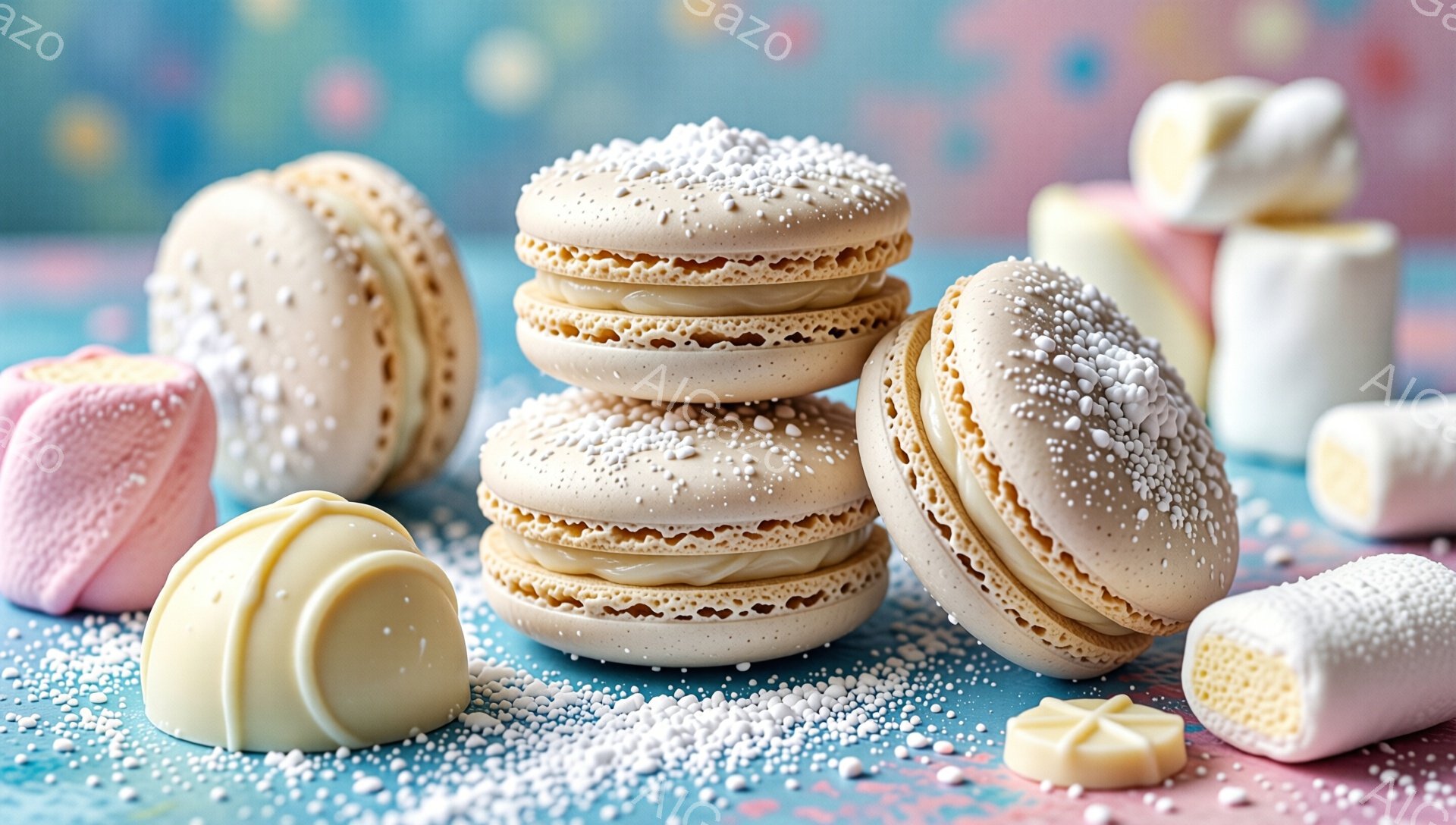 淡いベージュ色のマカロンが積み重なっており、周りにはパウダーシュガーが散りばめられています。ピンクや白のマーシュマロやチョコレートも配置され、明るい水色の背景と相まって、甘く優しい雰囲気を醸し出しています。全体的にパステルカラーでまとめられ、お菓子を中心とした静物画のような印象を与えます。