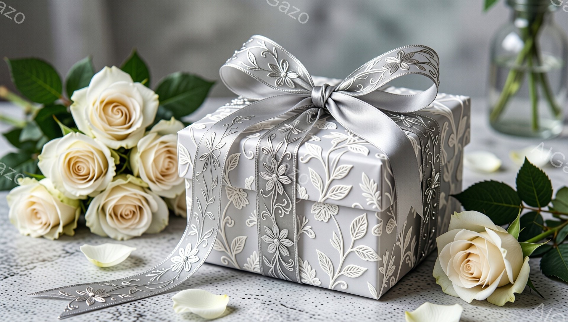 白いバラと、灰色の花柄模様のリボンで飾られたギフトボックスが写っている。背景はグレーの石のような質感で、花びらが散らばっている。全体的に優雅で、特別な日の贈り物や装飾を連想させる雰囲気である。