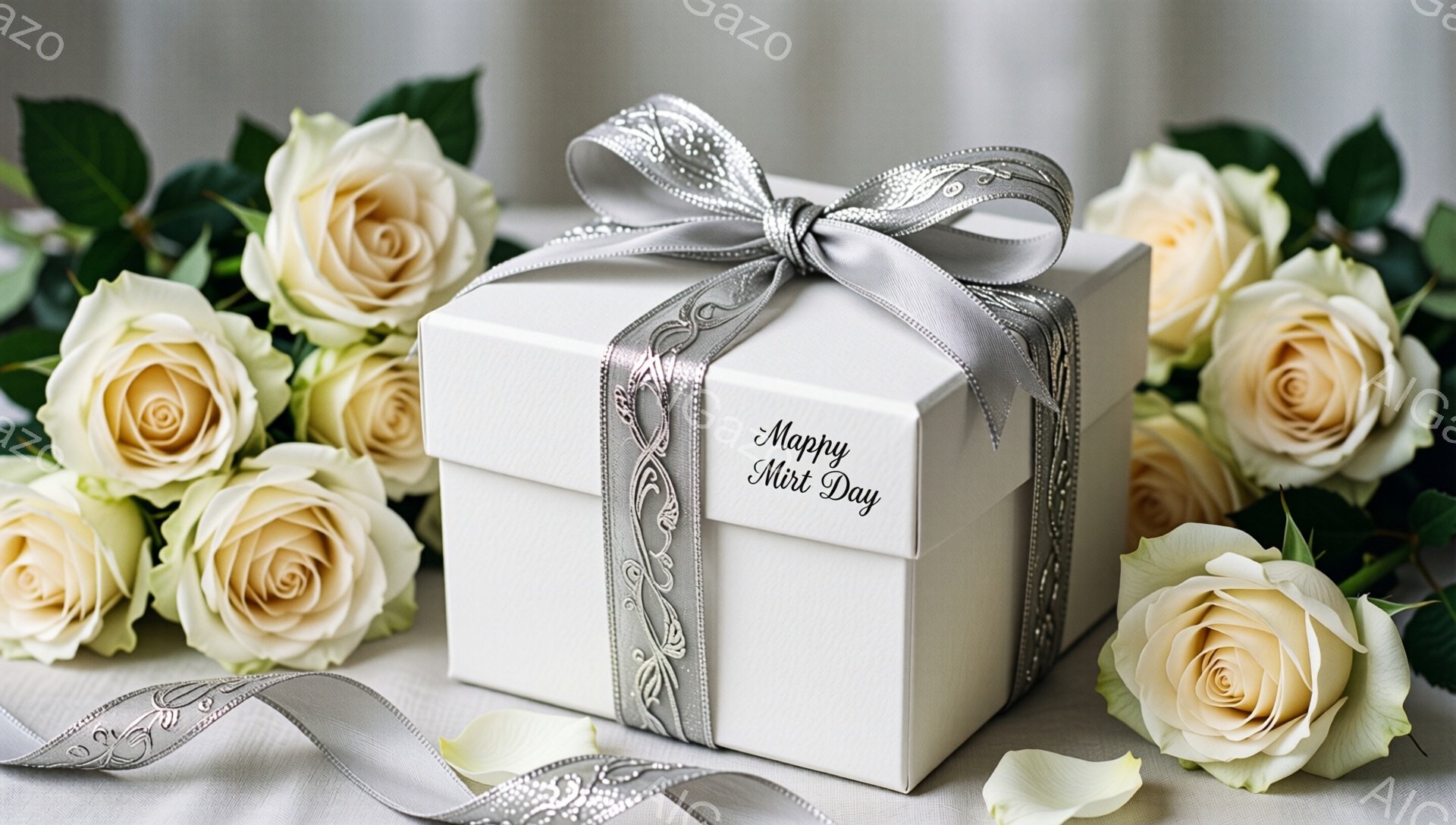 白いバラの花束と、銀色のリボンで飾られた白いギフトボックスが写っている。バラはクリーム色から薄い黄色のグラデーションで、葉は緑色で瑞々しい。全体的に柔らかい光が差し込み、上品でロマンチックな雰囲気を醸し出している。
