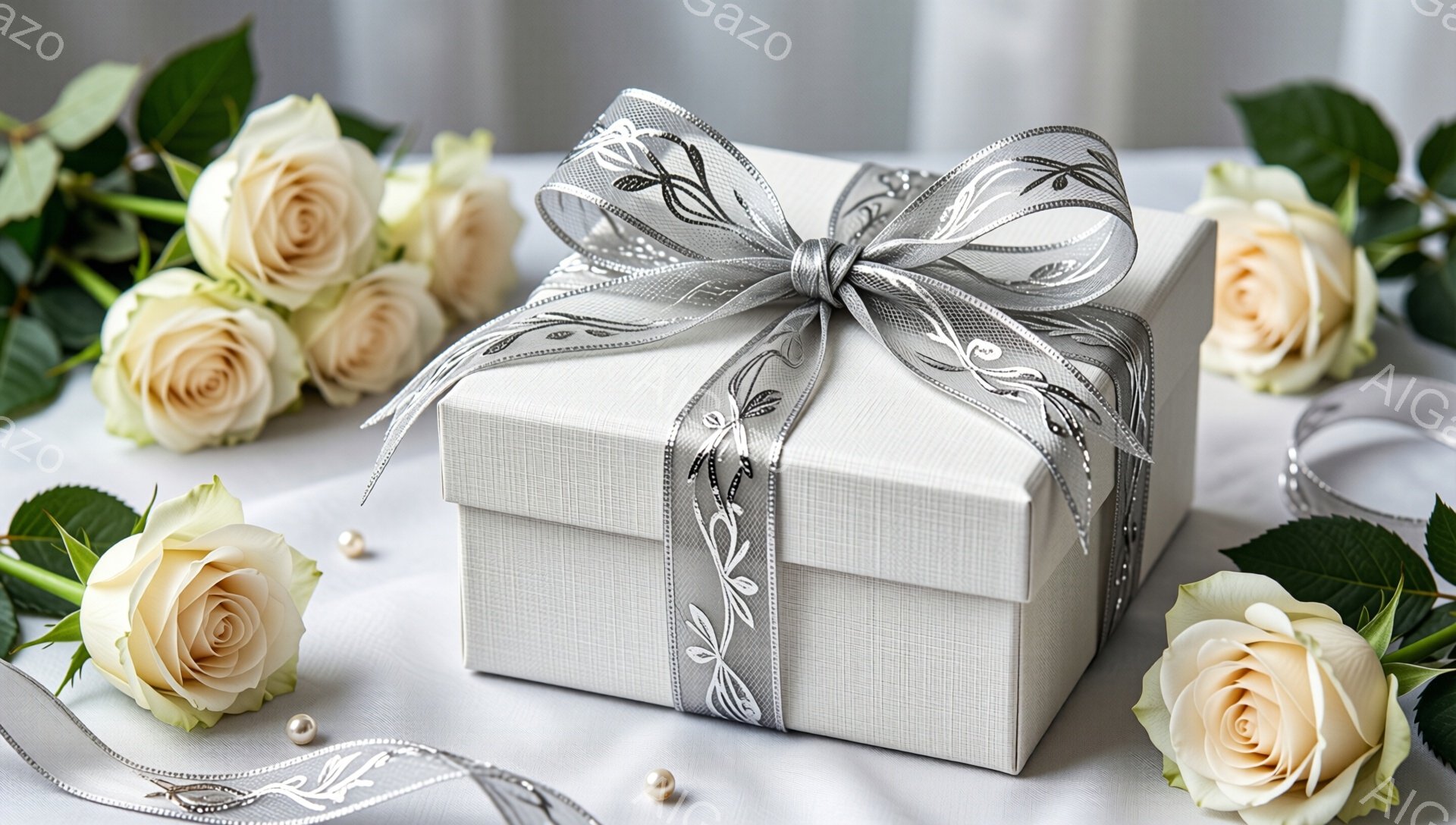 白い箱が、銀色のリボンで美しく飾られています。箱の周りには、クリーム色のバラと小さな真珠が散りばめられ、繊細な雰囲気を醸し出しています。柔らかい光と白を基調とした背景が、上品さと優雅さを強調しています。