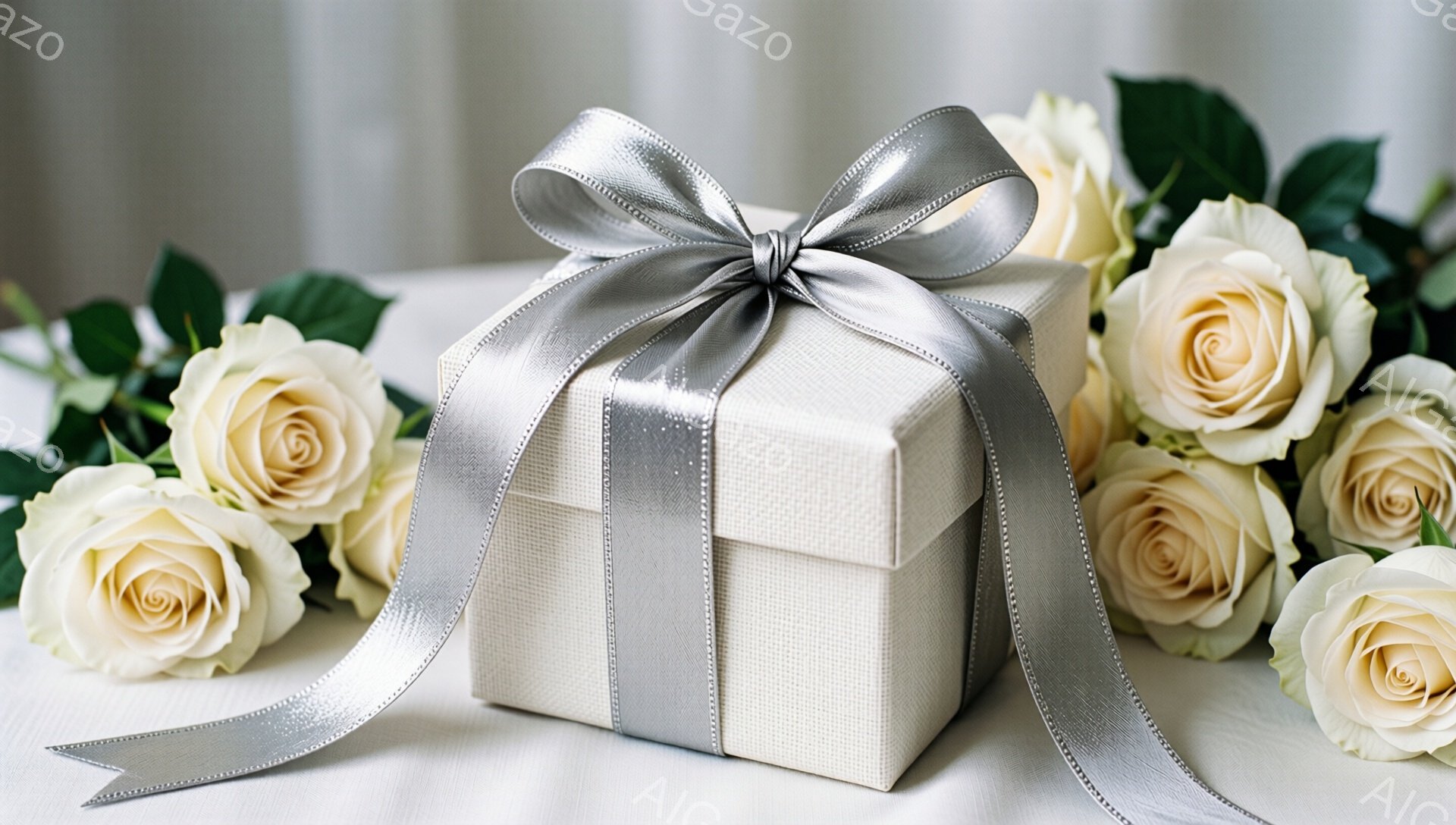 白いバラの花に囲まれた、オフホワイト色のギフトボックスが写っています。ボックスは灰色のリボンで美しくラッピングされており、優雅さと洗練された雰囲気を醸し出しています。背景は白く、全体的に柔らかくロマンチックな印象を与えます。