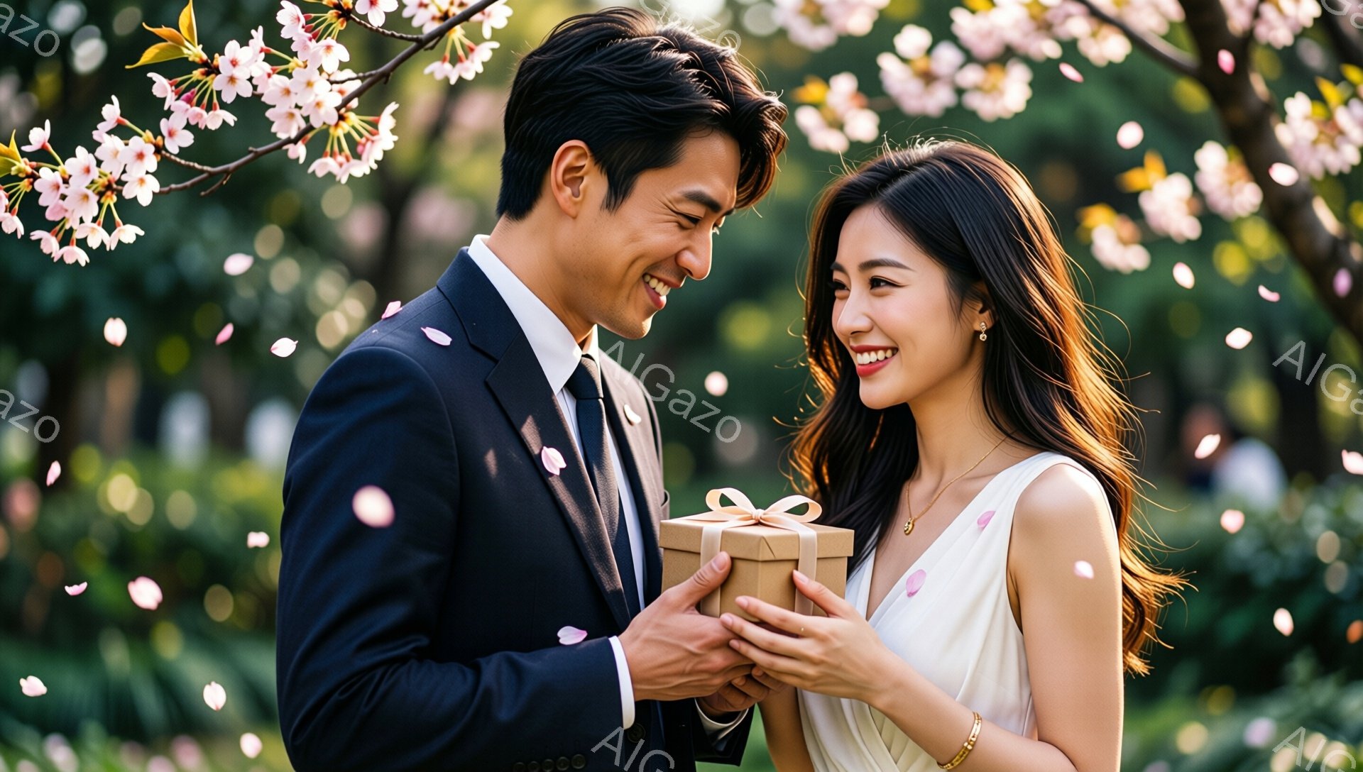 桜の花びらが舞う中、一組の男女が微笑み合いながらプレゼント交換をしている。男性はダークブルーのスーツにネクタイを締め、女性は白いワンピース姿で、髪は肩まで伸びるロングヘアに整えられている。二人は互いに目を合わせ、幸せそうな表情を浮かべながら、温かい雰囲気を醸し出している。