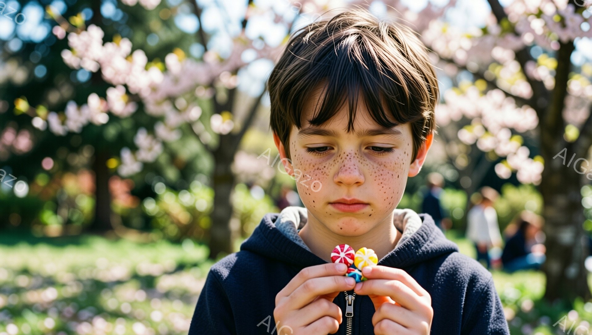 少年はそばかすだらけの顔で、紫色のパーカーを着て、何かを熱心に見つめています。彼は両手でカラフルな小さな玩具を握っており、少し真剣な表情をしています。背景には桜の木々と緑の芝生が広がり、春の穏やかな日差しが感じられる、柔らかい雰囲気の画像です。